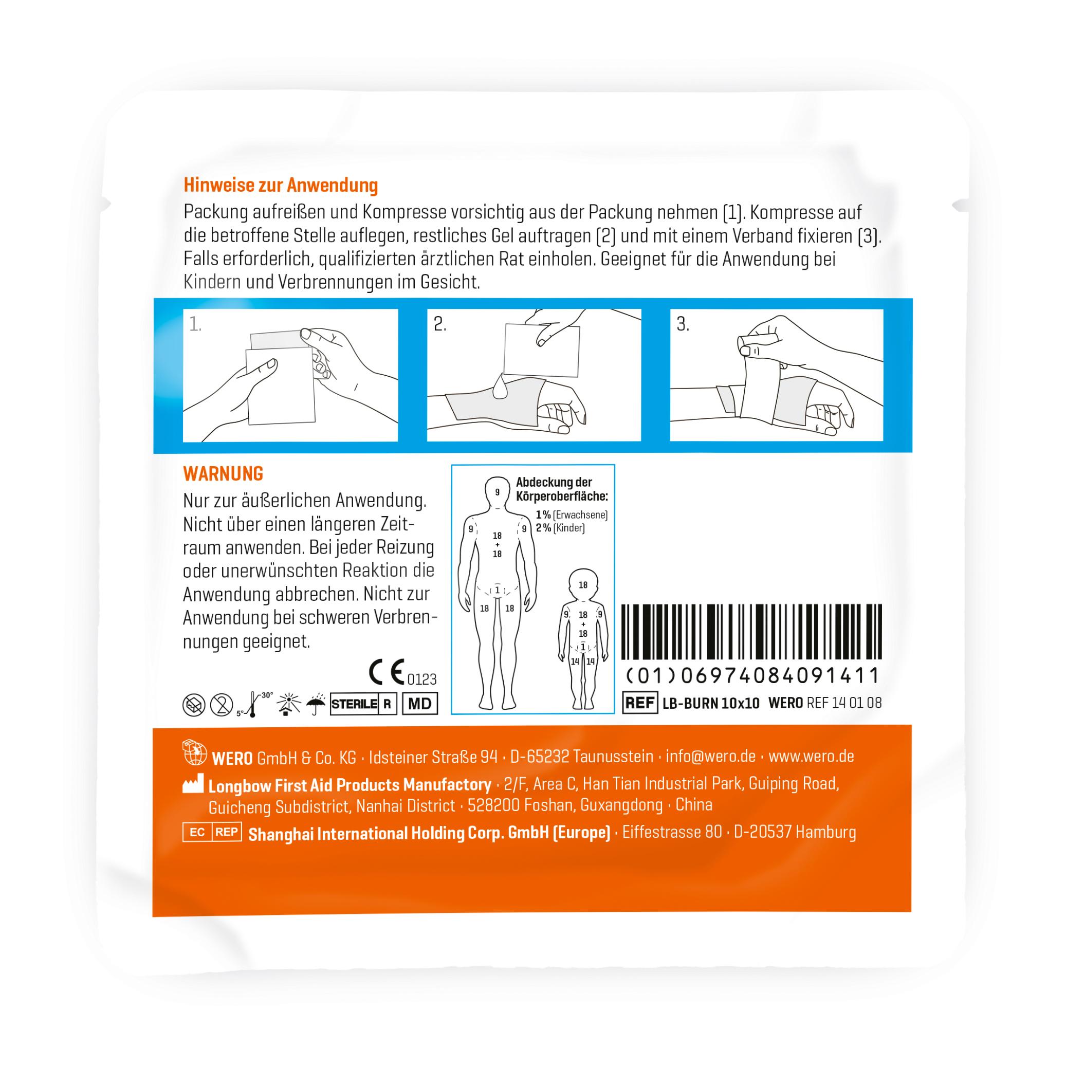 Die Rückseite der WERO BurnAway® Verbrennungskompresse 10 x 10 cm zeigt illustrierte Anwendungshinweise, Warnhinweise und Produktdaten mit Barcode.