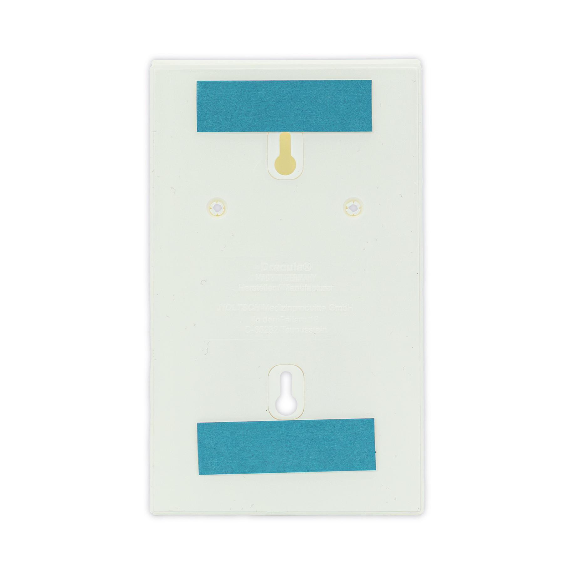 Rückansicht des WERO Universalhalter aus Kunststoff in Aqua mit goldfarbenem Spannschieber und sichtbarem Etikett unterhalb der oberen Aussparung.