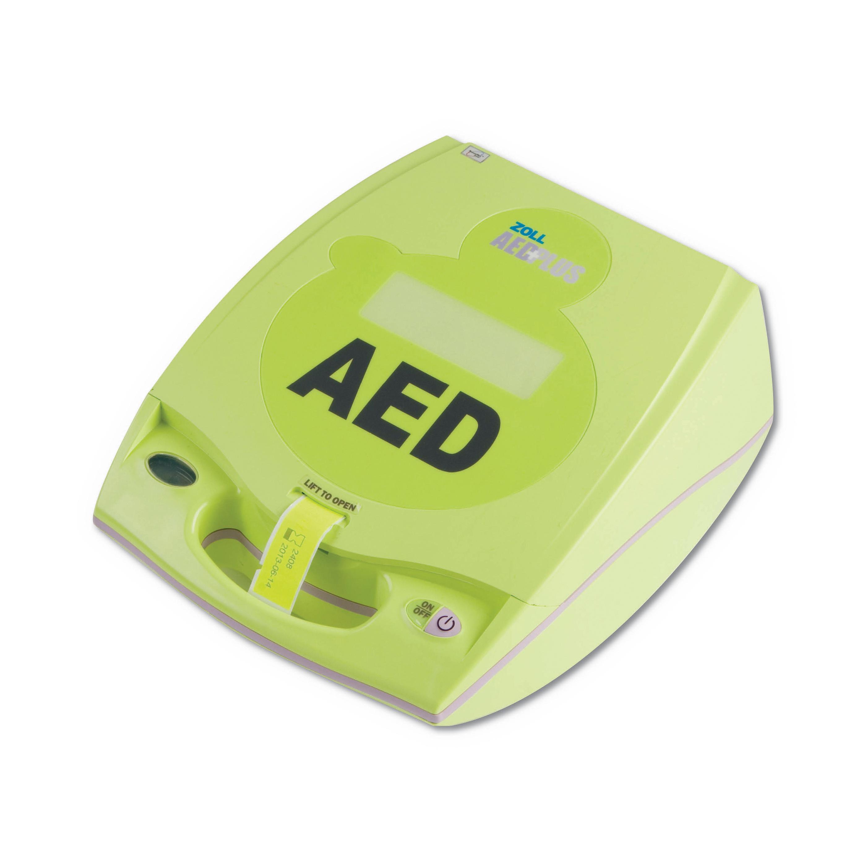 Defibrillator-Set ZOLL® AED Plus, Vollautomat mit grünem Gehäuse, gelbem ON-Knopf, seitlichen Griffen und sichtbarem Bildschirm mit AED-Beschriftung.