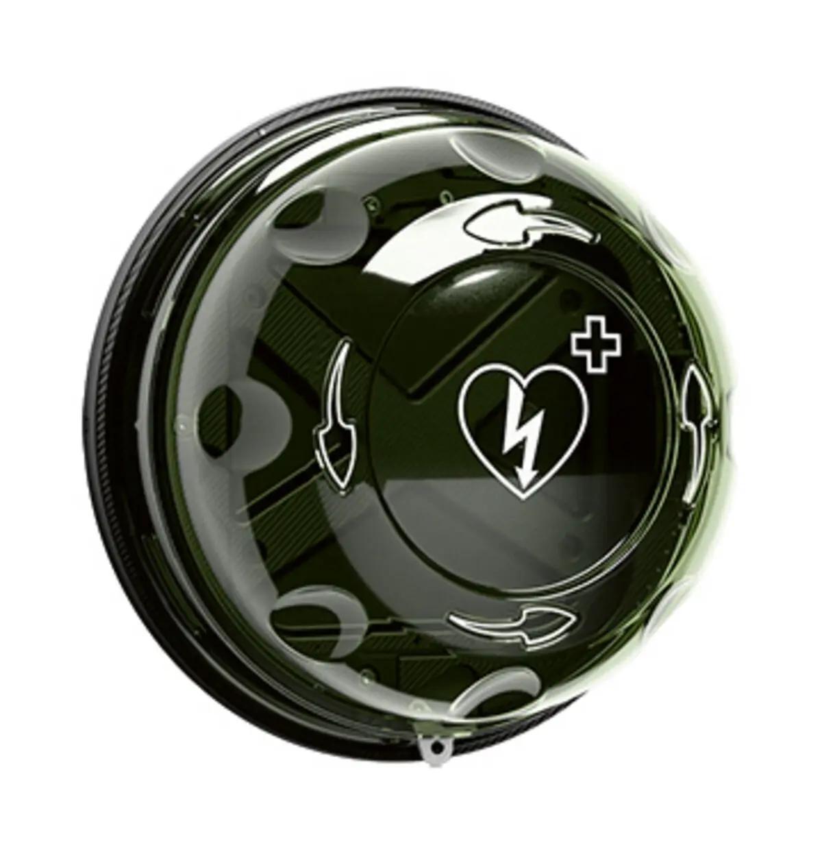 Tragbares Cardiac Life Support Device CMS mit transparenter Kuppelabdeckung, weißem Herzsymbol mit Blitz und Richtungspfeilen auf dunklem Gehäuse.