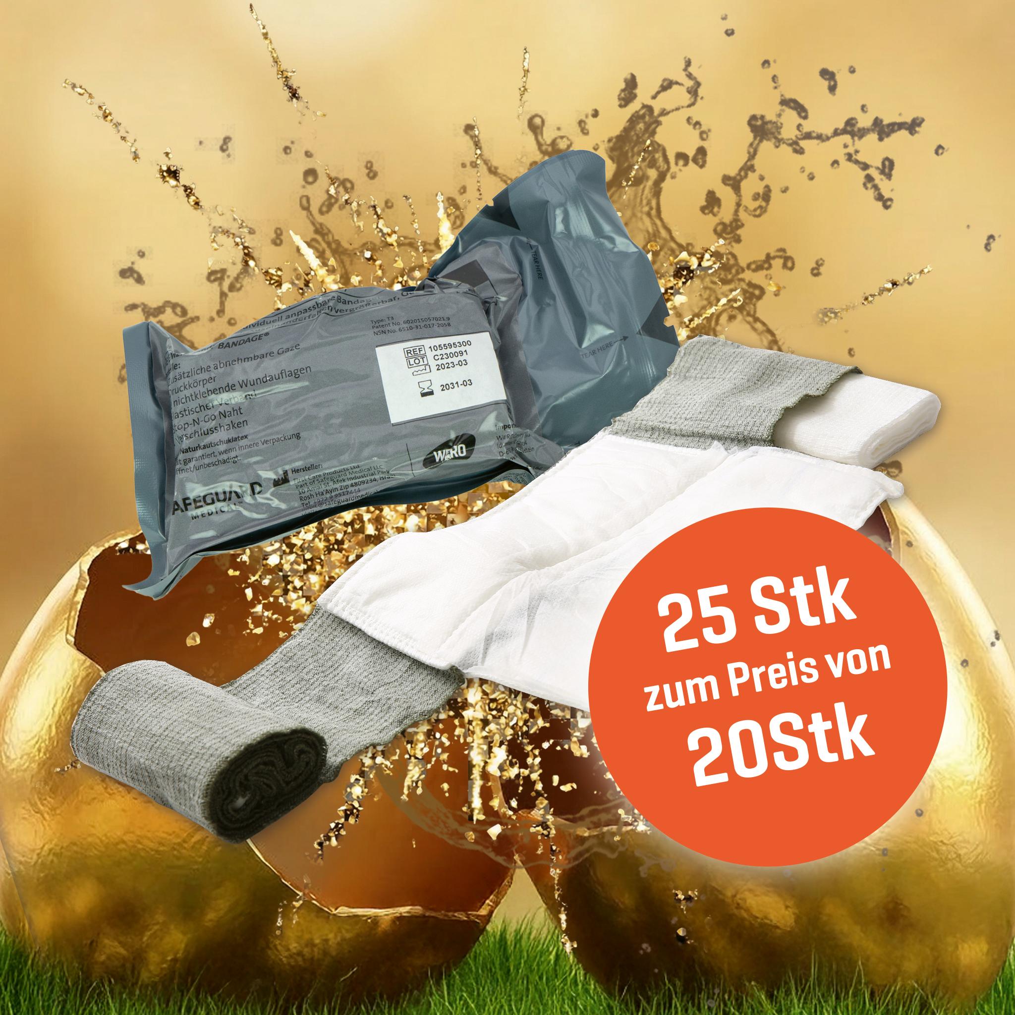 Offene graue Tasche mit Aufdruck „AREGUN P“, sichtbarem grauem Kleidungsstück, weißem Tuch und Hinweis „25 Stk zum Preis von 20 Stk“.