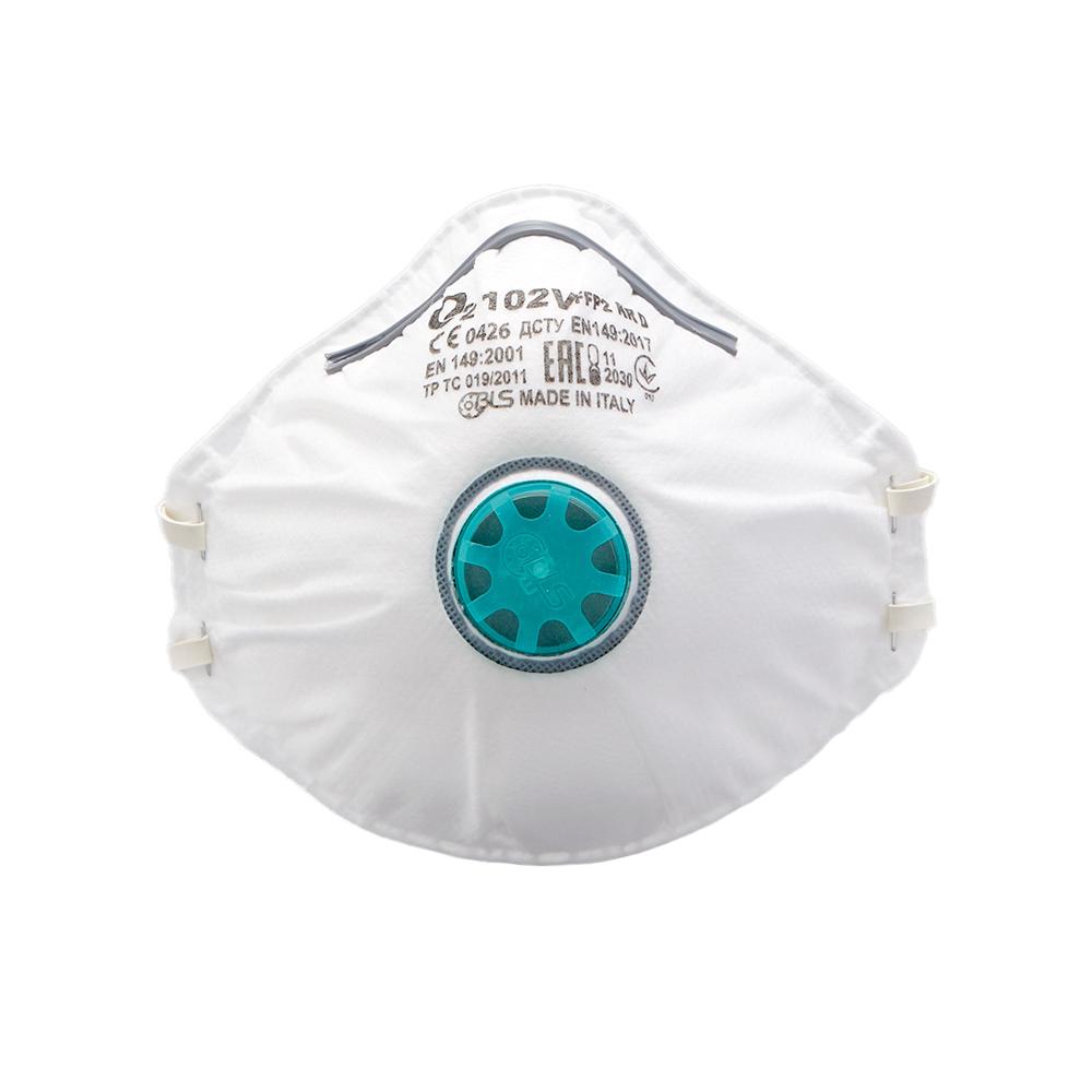 Weiße BLS O2 Atemschutzmasken - FFP2 mit grünem Atemventil, gebogenem Nasenbügel, Elastikbändern und Sicherheitsmarkierungen vorne