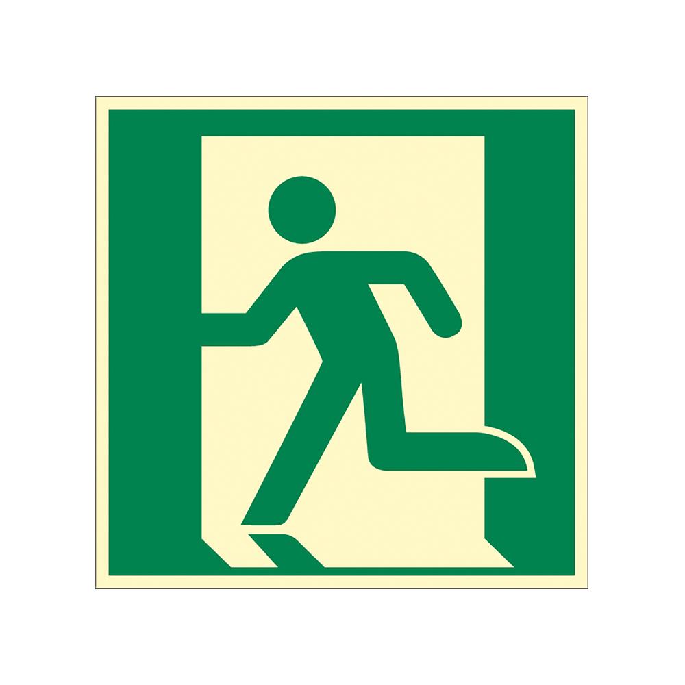 Grünes quadratisches Schild mit laufender stilisierter Figur auf cremefarbenem Grund, als Hinweis auf einen Notausgang.