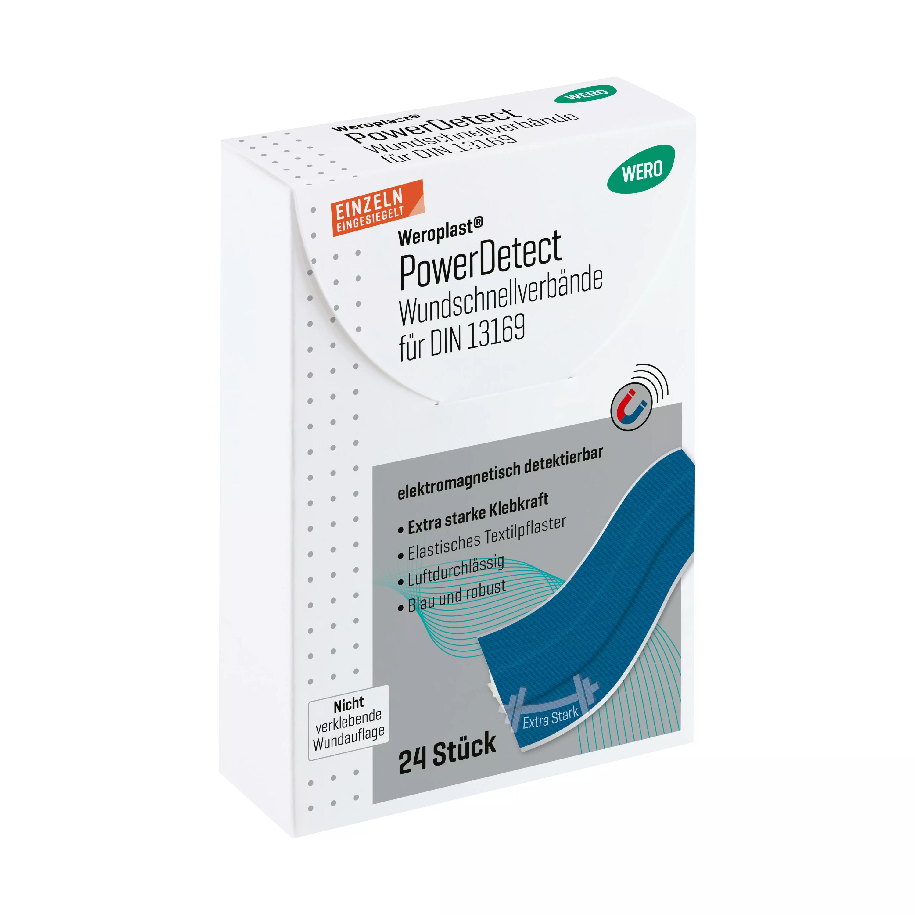 Weiße Box des Pflastersets Weroplast® PowerDetect - Wundschnellverbände DIN 13169 mit blauer Detektion, Aluminiumstreifen und elastischem Textilgewebe.