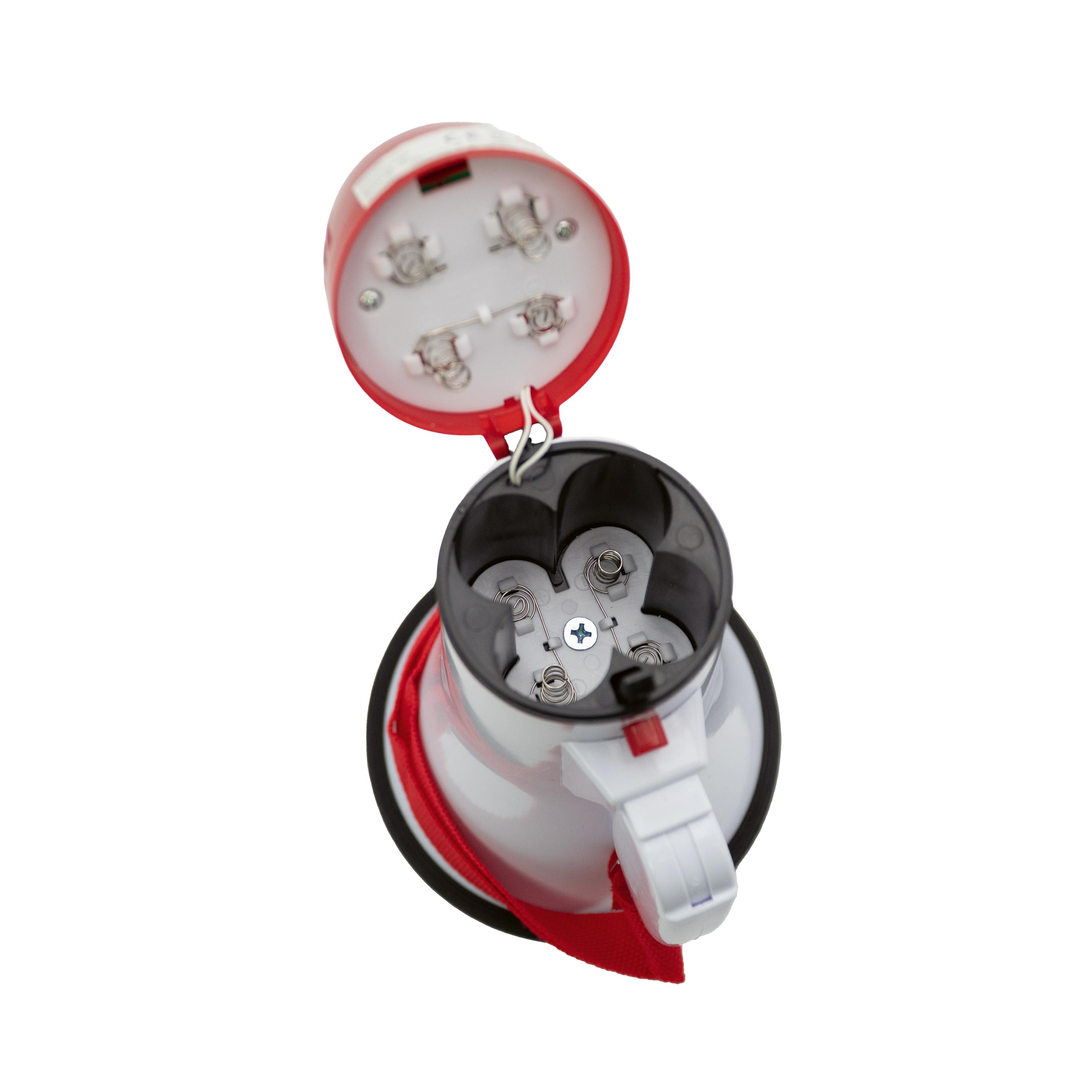 Megafon mit rotem Griff, offener Deckel mit vier Silberschrauben, Haltegurt und schwarzem Mittelring, kompakt von oben fotografiert.