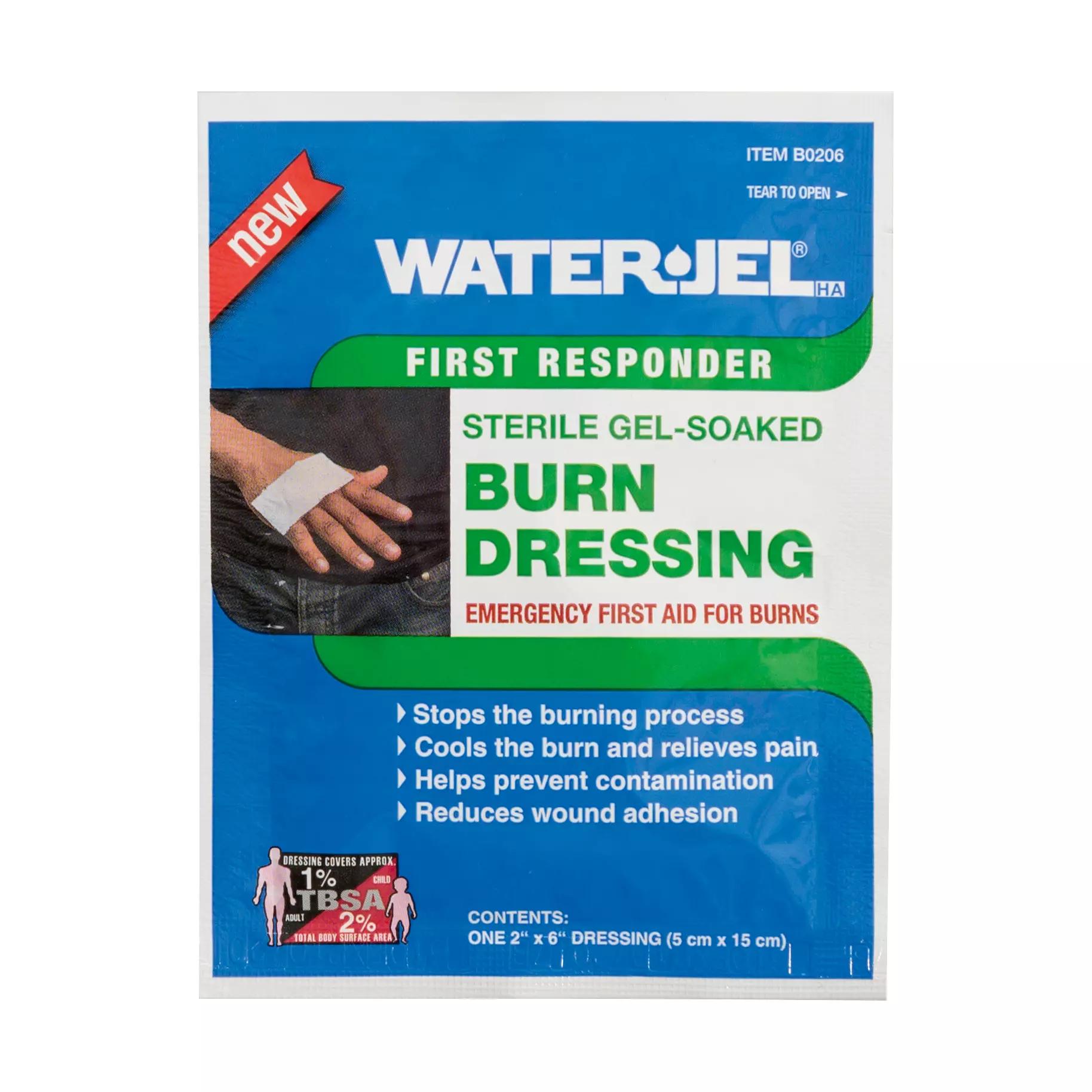 WATER-JEL® HA First Responder Kompressen in steriler 5 x 15 cm Packung mit gebrauchsfertiger, transparent gelgetränkter Auflage gegen Verbrennungen.