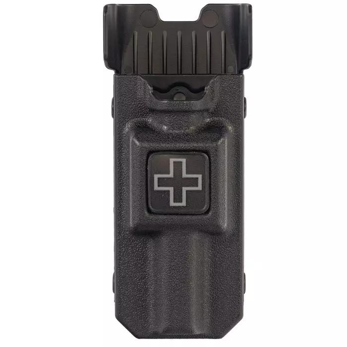 Schwarzer NAR RIGID TQ Case® Gürtelhalter passend für CAT® Gen 7 mit strukturiertem Kunststoff, seitlichem Druckknopf und quadratischem Kreuzsymbol.