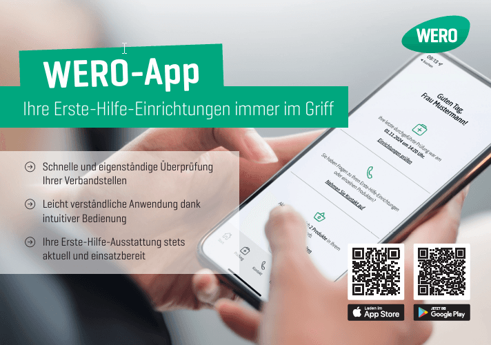 Eine Hand hält ein Smartphone mit geöffneter WERO-App, deutschsprachiger Benutzeroberfläche und sichtbaren QR-Codes unten rechts.