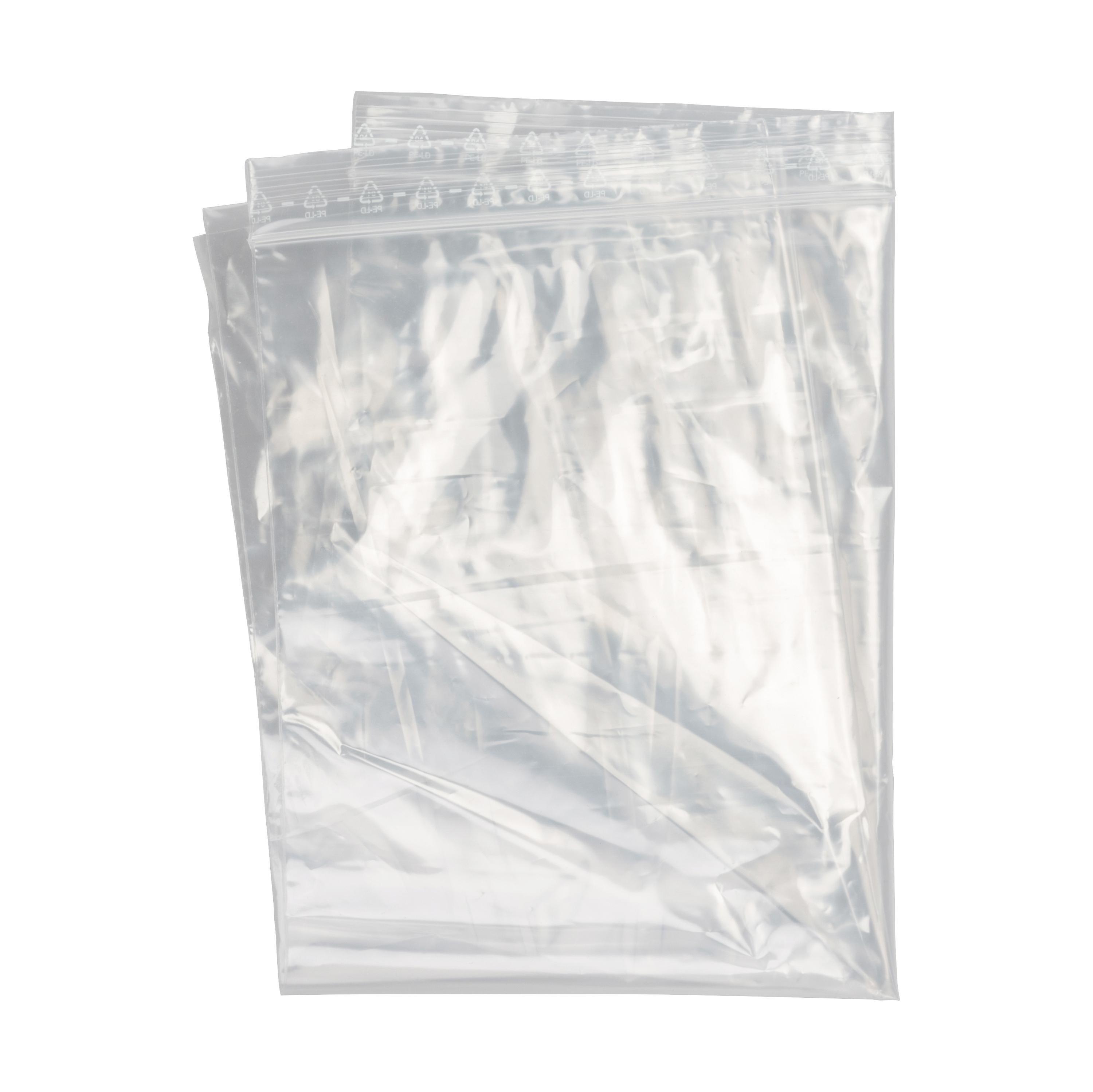 Ein aufrechter, transparenter Folienbeutel mit Druckverschluss für DIN 13157 / 13169 steht sauber gefaltet und leer mit sichtbaren Knickfalten.