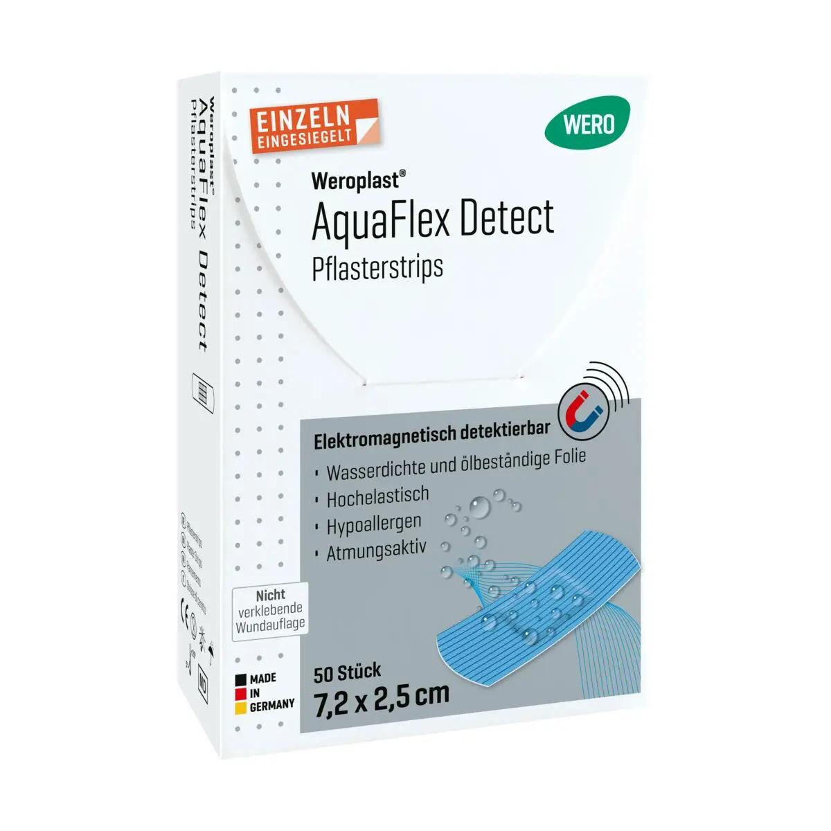 Eine aufrecht stehende Schachtel Weroplast® AquaFlex Detect Pflasterstrips zeigt 50 detektierbare, wasserdichte und visuell erkennbare blaue Pflaster.