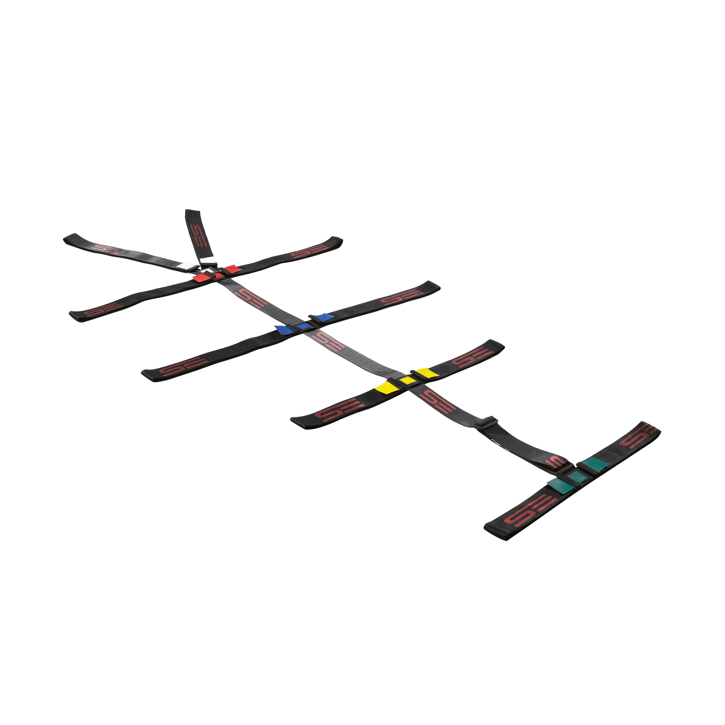 Gurtspinne für Spineboard mit sechs schwarzen Gurten und roten Mittelstreifen, verbunden durch schwarze und rote Querriemen mit bunten Clips.