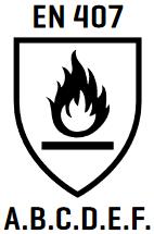 Schwarzes EN 407 Schild-Logo mit stilisierter Flamme