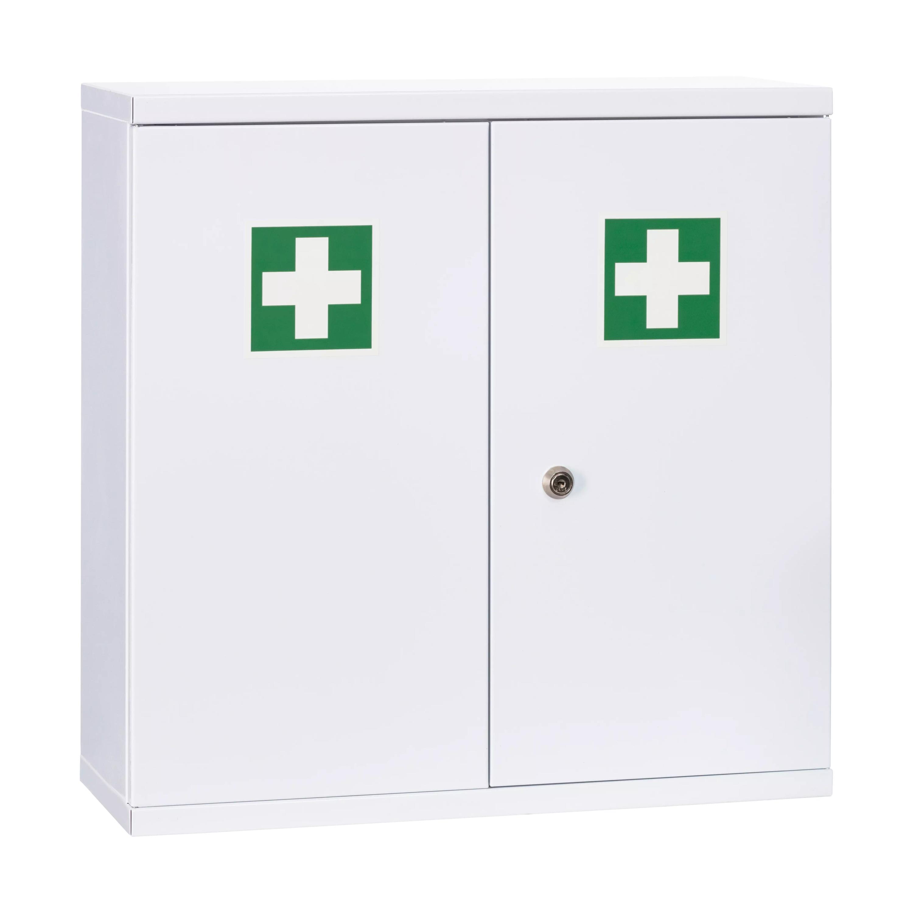 Weißer WERO Verbandschrank DuoDoor aus Stahlblech mit zwei Türen, grünen Kreuzsymbolen und silbernen Rundknöpfen auf beiden Türen.