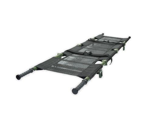 Krankentrage NAR Talon® II Model 90C aufgeklappt mit Netzfläche, vierfach faltbar, automatischer Scharnier-Fixierung, schwarzen Tragegriffen.