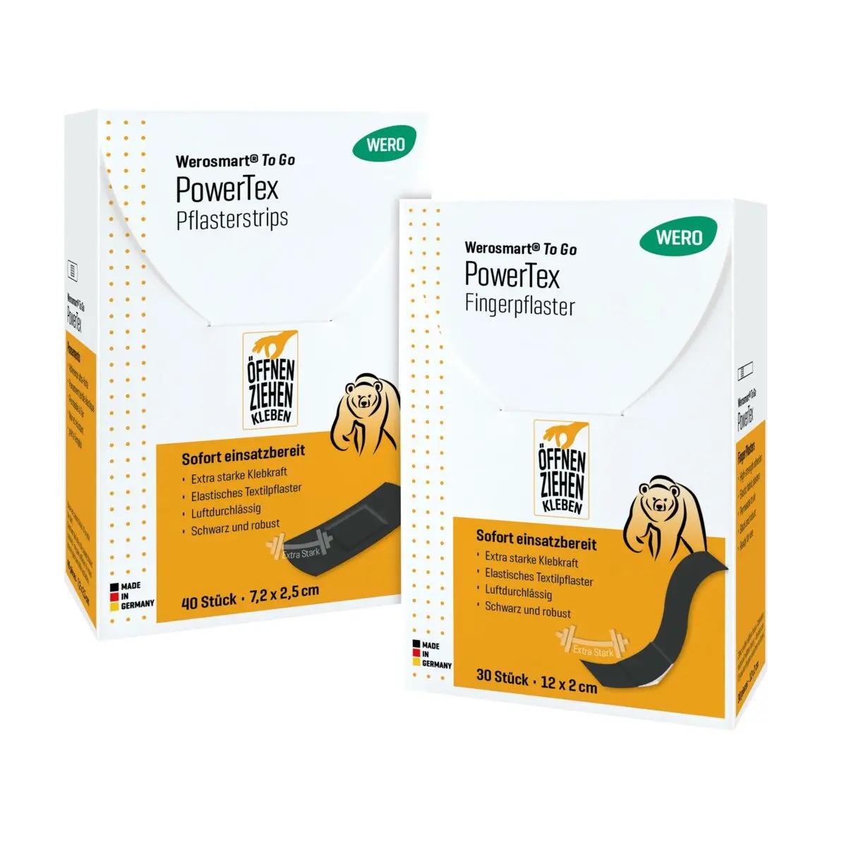 Zwei orange-weiße Werosmart® To Go PowerTex Sofortpflaster - Fingerpflaster Boxen mit Abbildungen eines Bärenmotivs, extra starker Klebkraft und textilem, schwarzem Fingerpflaster.