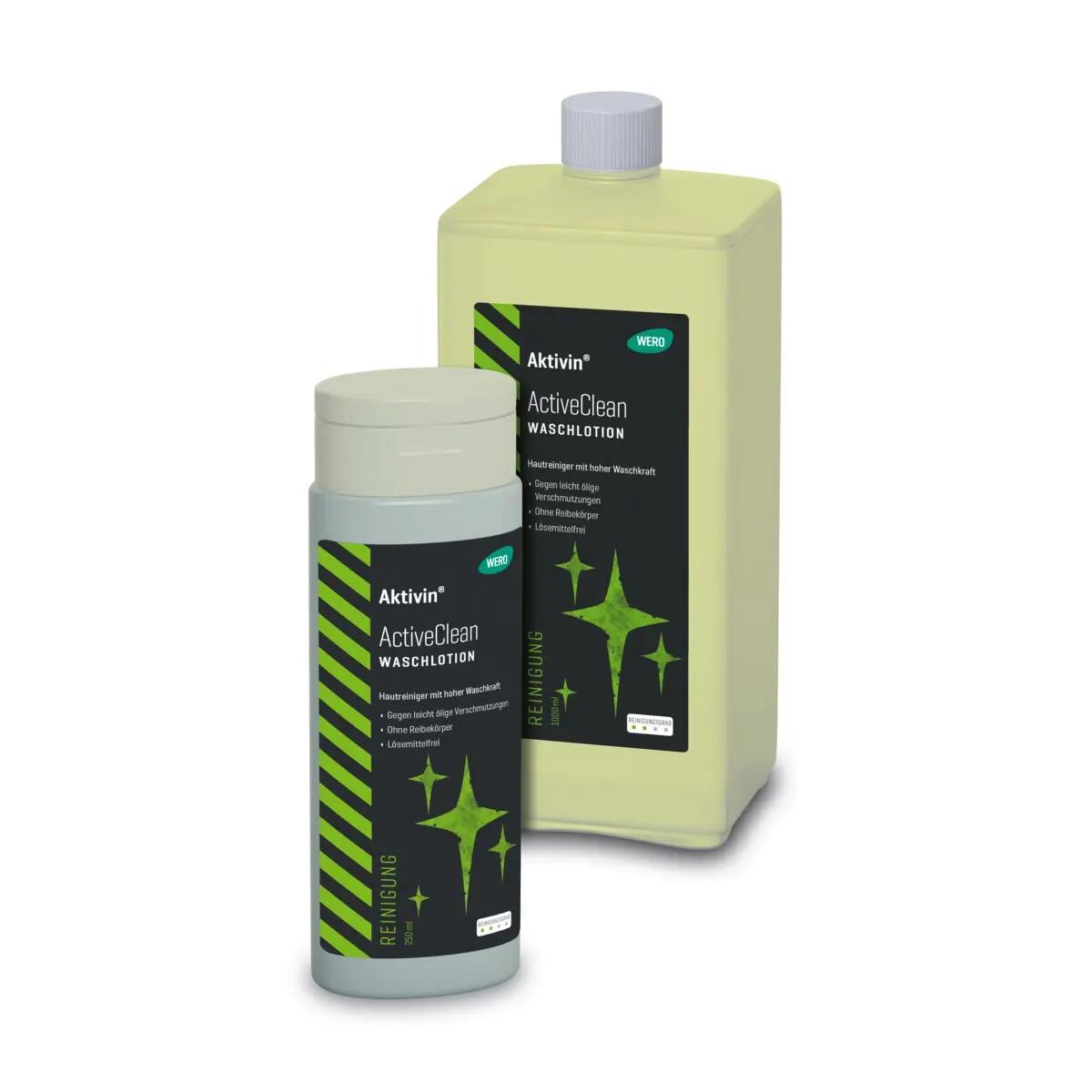 Zwei Flaschen Waschlotion Aktivin® ActiveClean mit cremiger Schaumtextur und hoher Reinigungskraft stehen nebeneinander, Etiketten gut sichtbar.