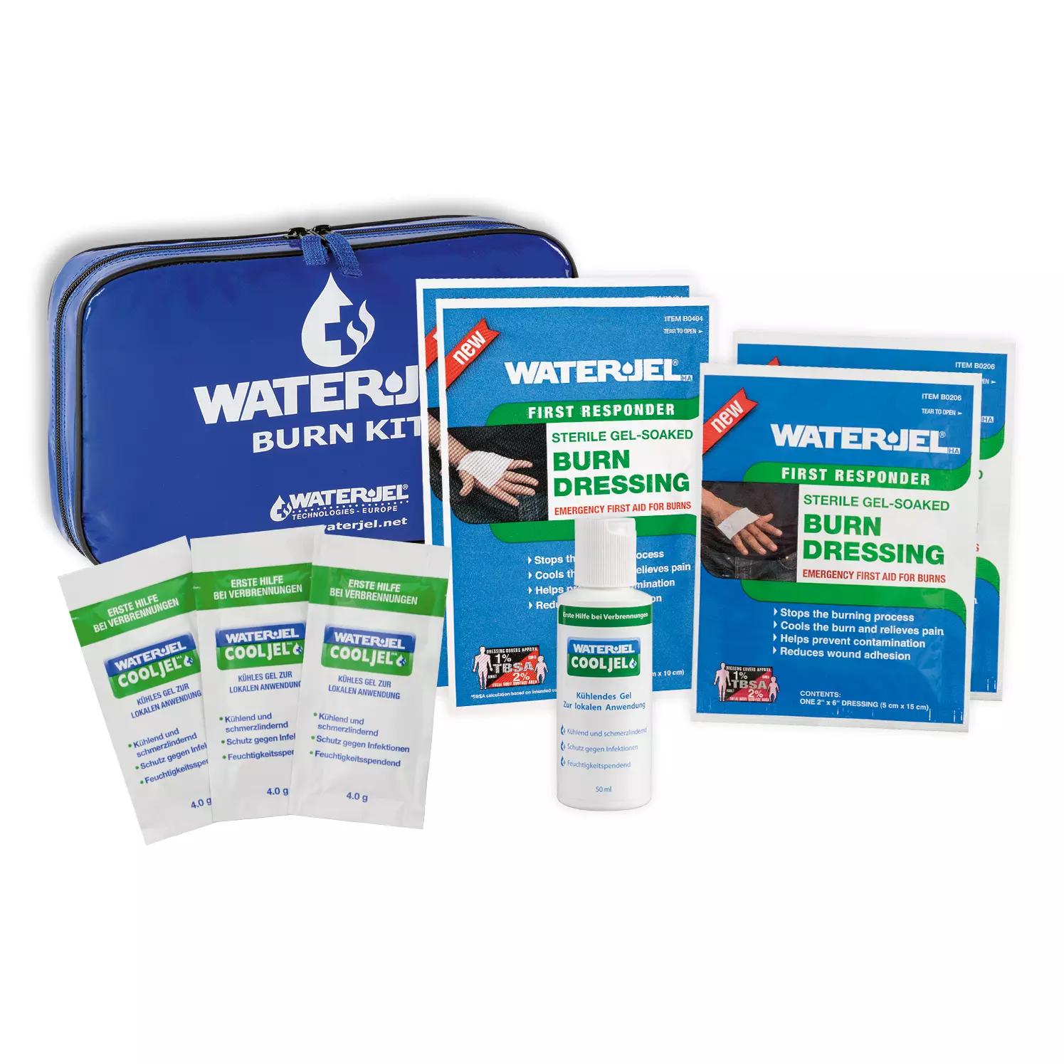 Water Jel Verbrennungs-Set KLEIN bestehend aus blauer Tasche, Kompressen in verschiedenen Größen und Burn Jel, alles mit klaren Anwendungshinweisen.
