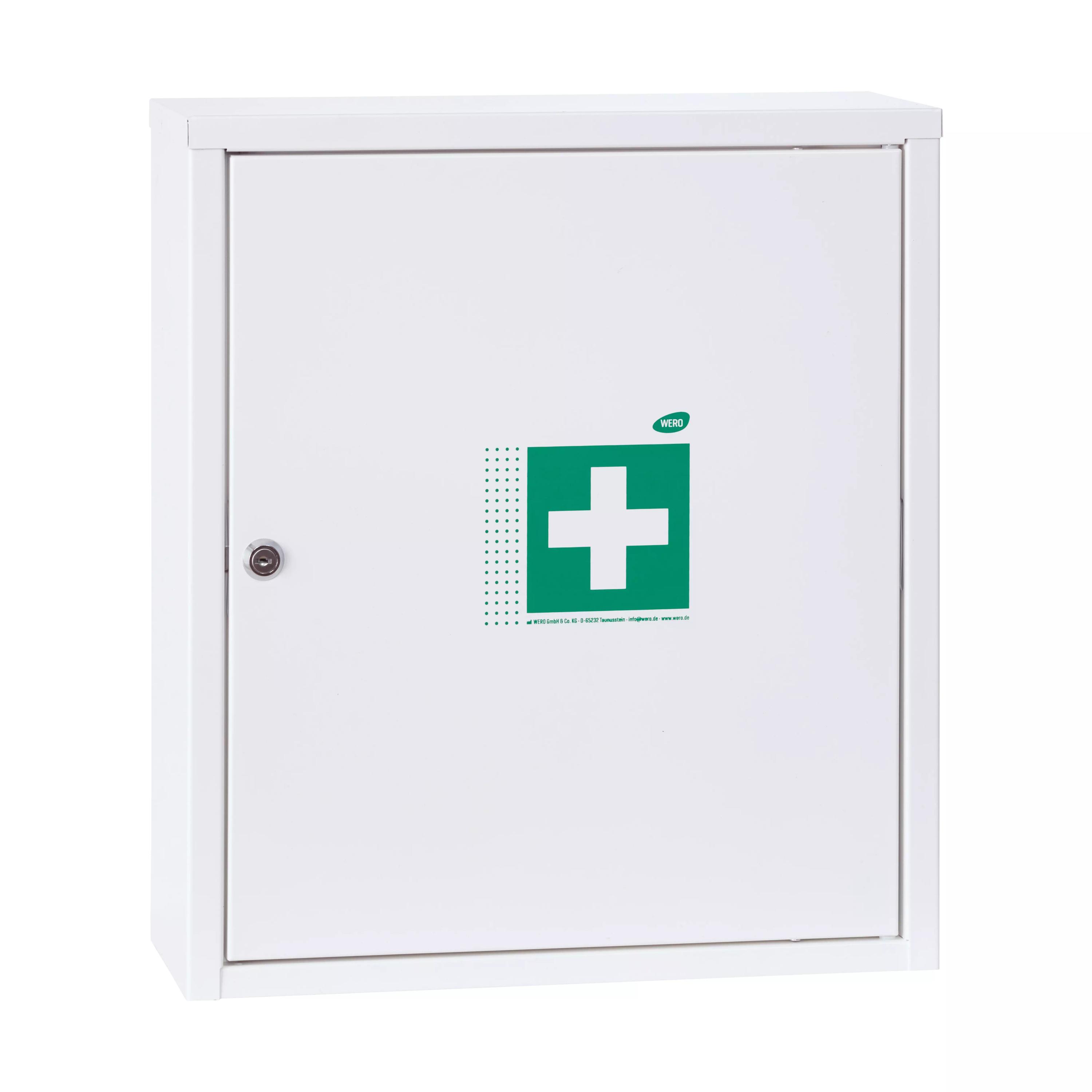 Weißer WERO Verbandschrank Midi Xtra 222 mit grünem Kreuz, silbernem Rundknauf, mehreren Lüftungslöchern und "WERD"-Beschriftung.
