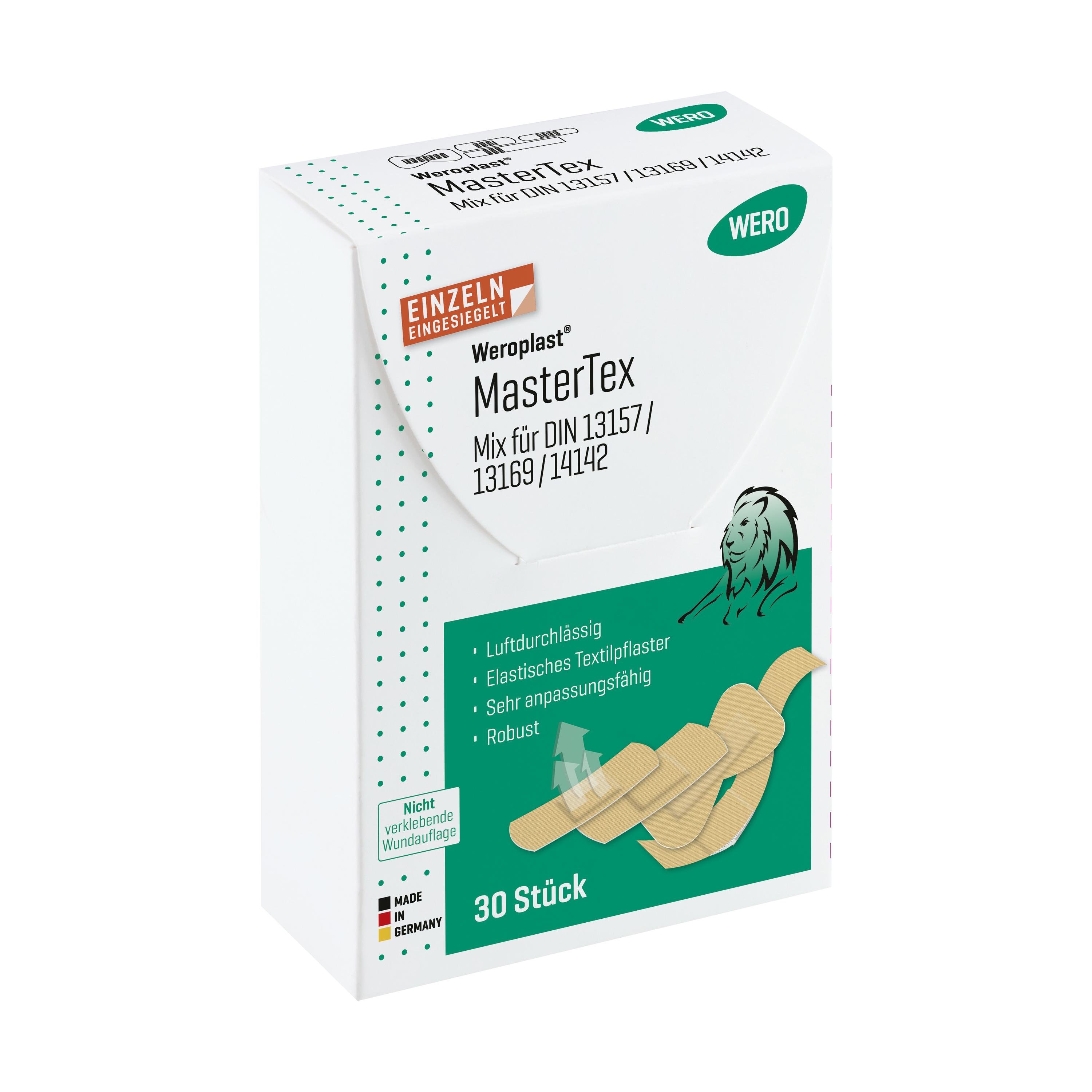 Pflasterset Weroplast® MasterTex - Mix DIN 13157 Box mit grünem Etikett, textilen Pflastern, hoher Anpassungsfähigkeit und angenehmem Tragegefühl.