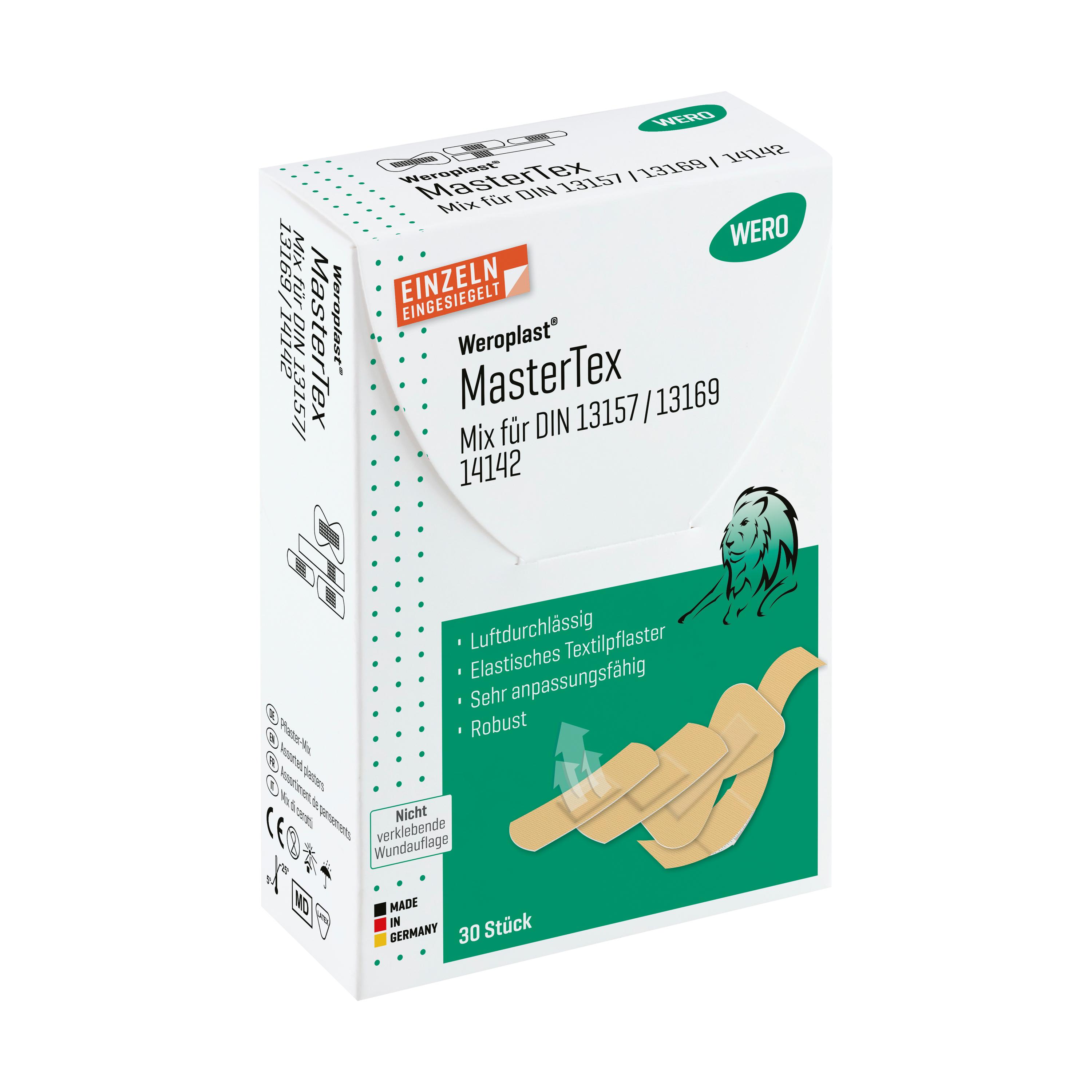 Pflasterset Weroplast® MasterTex - Mix DIN 13157 Box mit grünem Etikett, textilen Pflastern, hoher Anpassungsfähigkeit und angenehmem Tragegefühl.