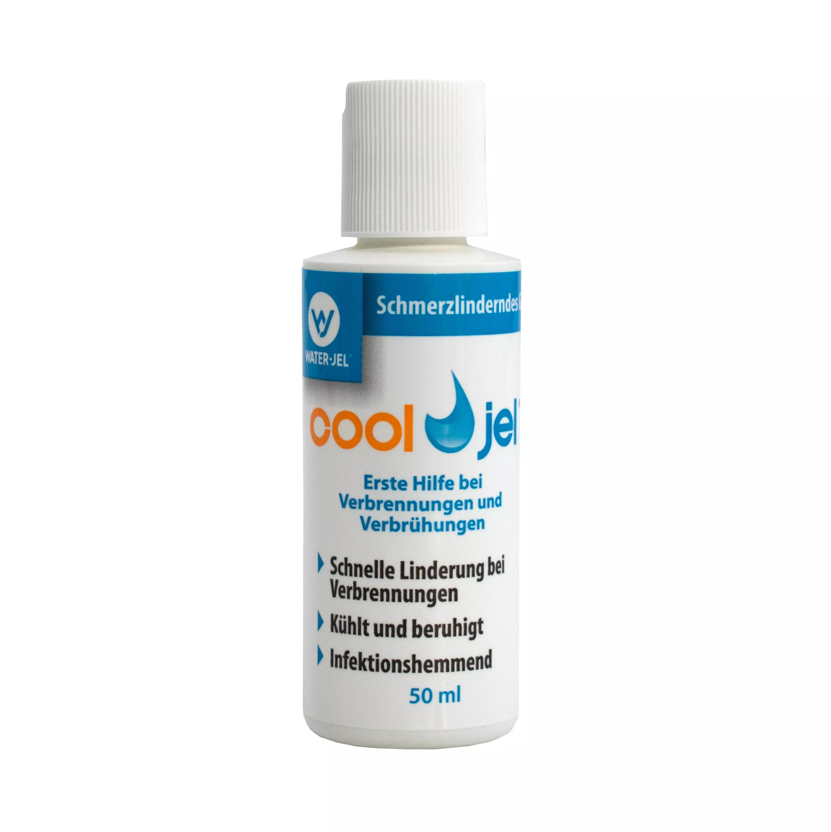 Eine 50 ml Flasche COOL JEL – Kühlendes Gel bei Verbrennungen mit blau-weißer Beschriftung und weißem Klappdeckel steht aufrecht.