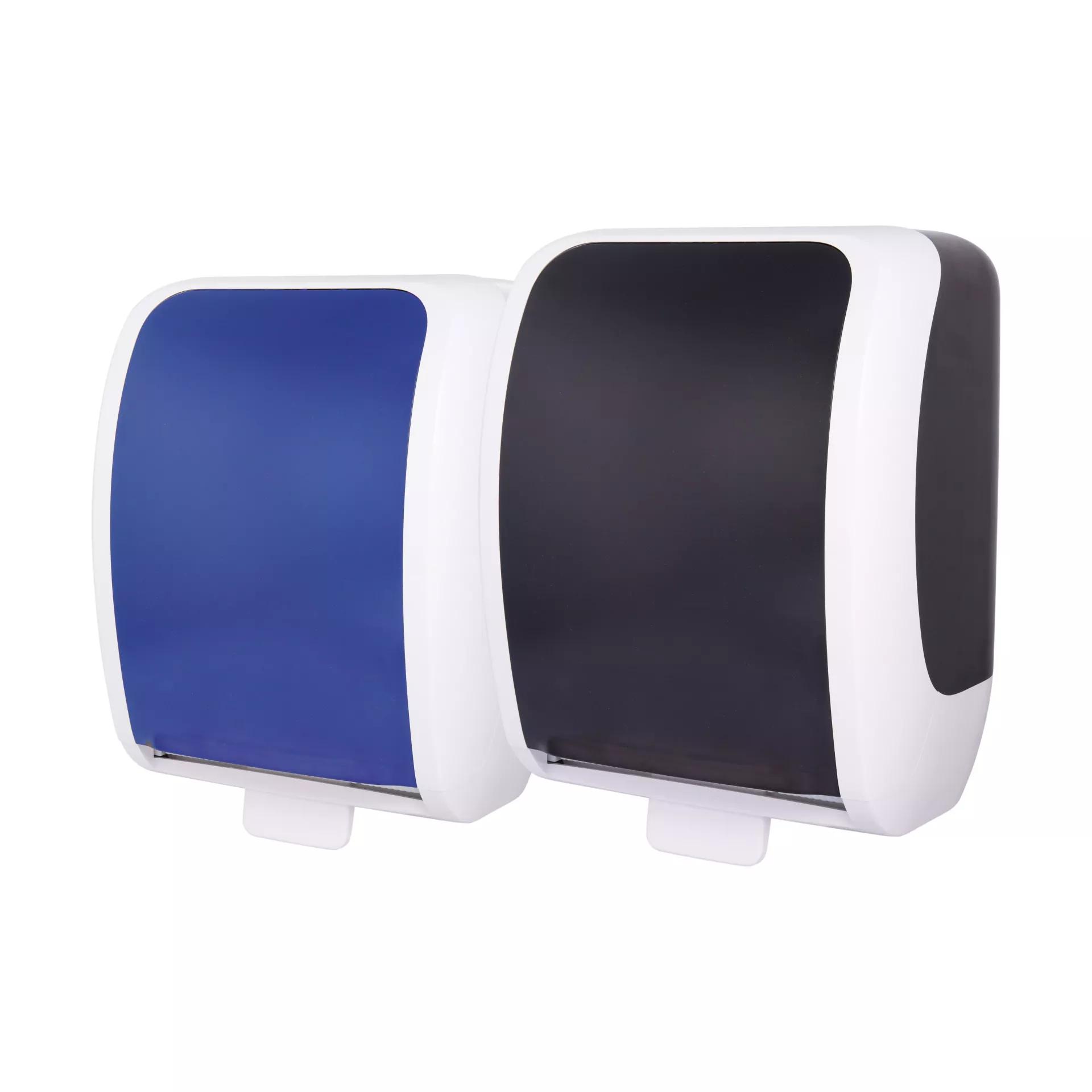 Zwei moderne, nebeneinander stehende automatische Händetrockner in Blau und Schwarz mit weißer Basis und geschwungener Form.