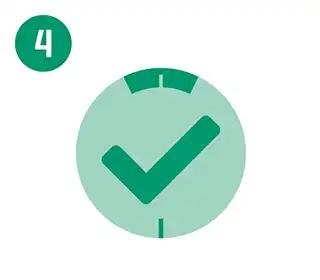 Ein grüner Kreis mit einem weißen Häkchen in der Mitte und der Zahl "4" darüber symbolisiert einen abgeschlossenen Prozess.