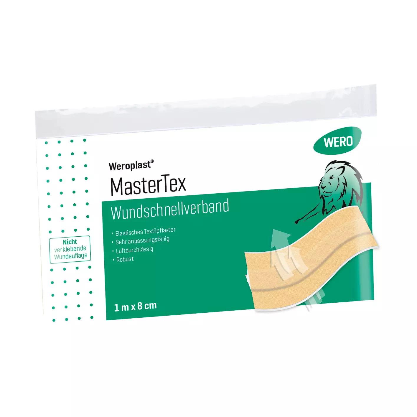 Die Verpackung des Wundschnellverband Weroplast® MasterTex – 8 cm, 1 m mit grün-weißer Gestaltung zeigt Hinweise zur Anpassungsfähigkeit, textilem Gewebe und Qualität.