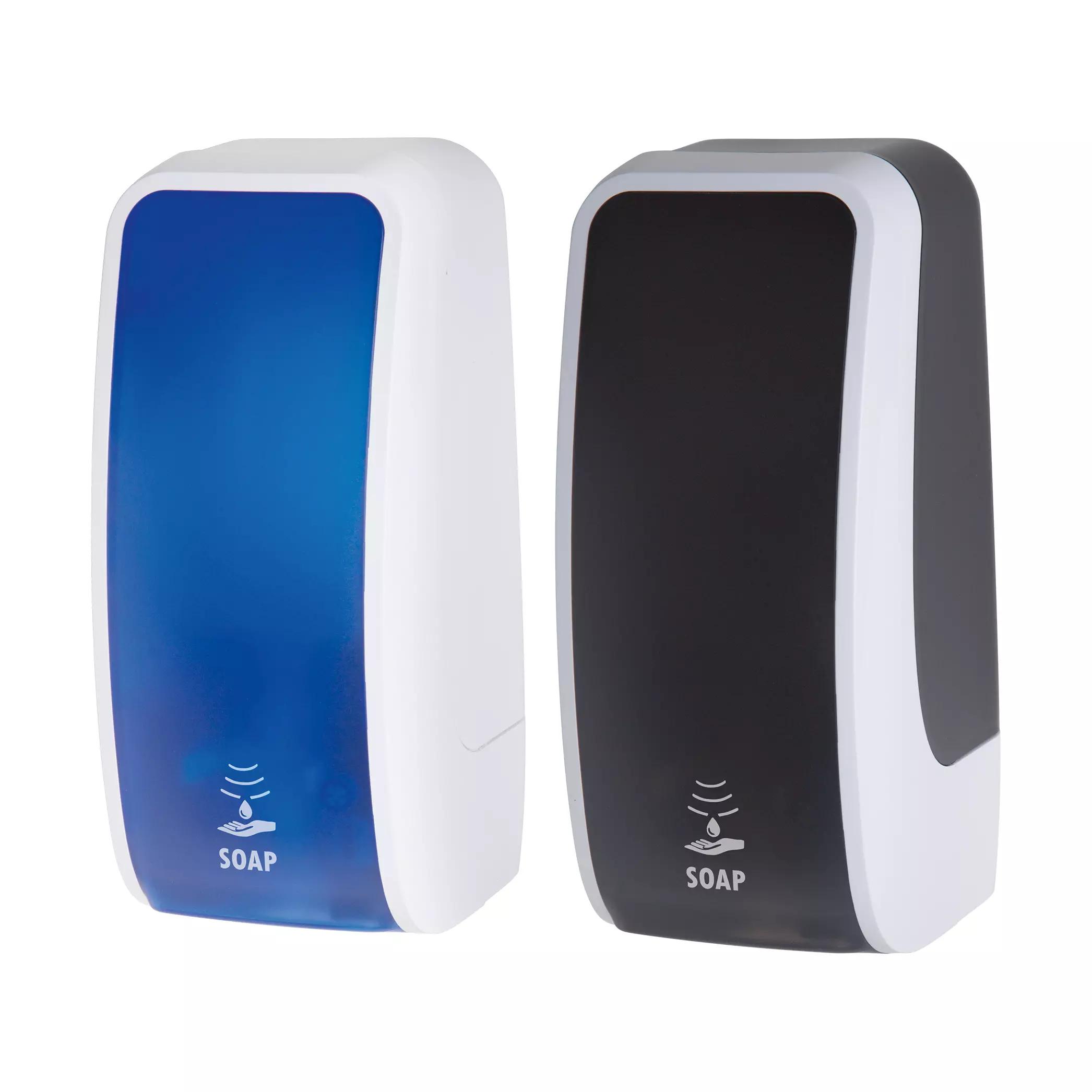 Zwei Schaumseifenspender RATIO touchless, einer in schwarz/weiß und einer in blau/weiß, stehen nebeneinander mit berührungsloser Sensorfunktion.