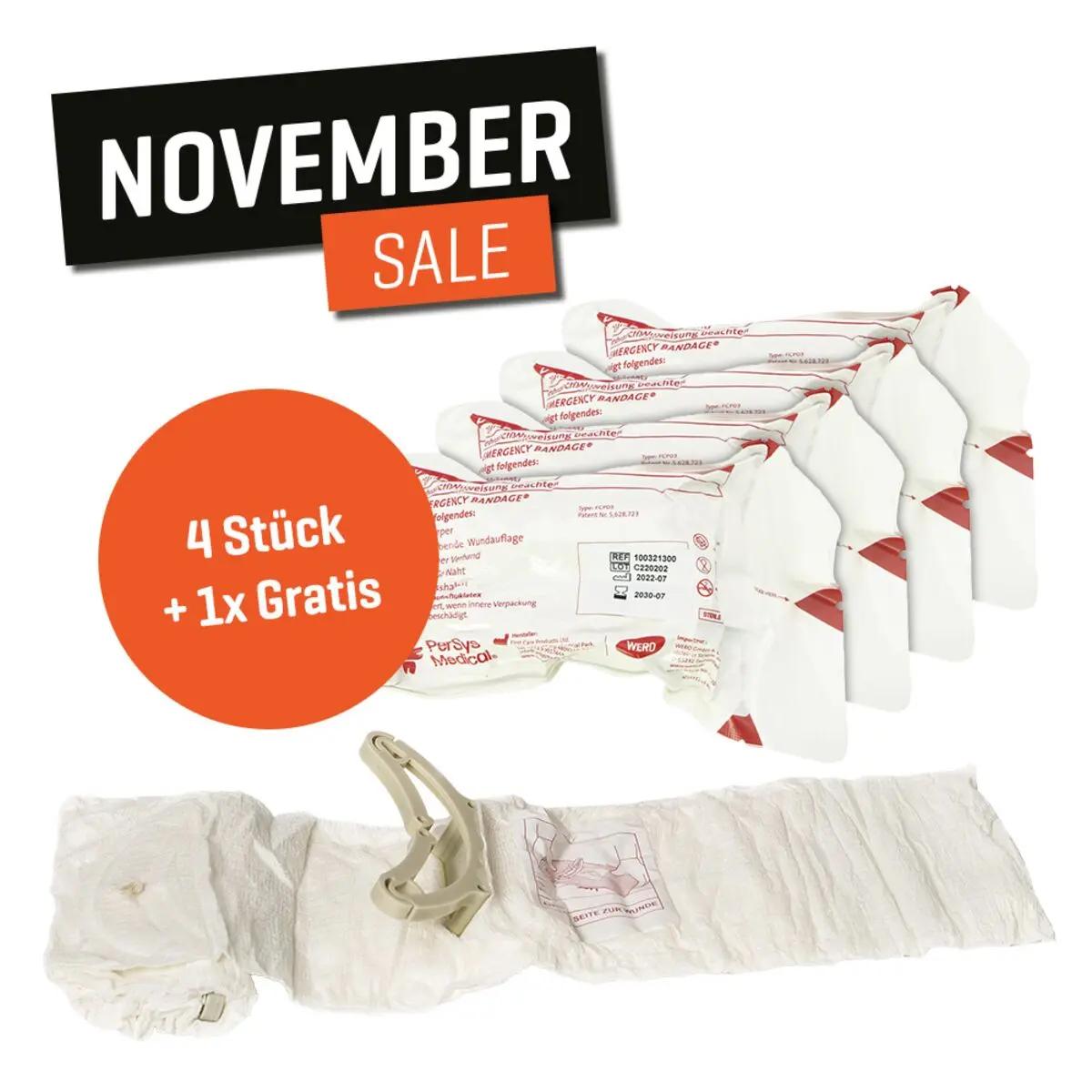 Vier weiß-rote Persys Medical Notfallbandagen mit zusätzlichem beige-farbenem Öffnungstool, Angebot 4 + 1 gratis.