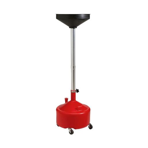 Roter Notduschen-Prüfwagen ClassicLine mit rundem Behälter, ca. 30 Liter Volumen, schwarzem Trichteraufsatz und vier Lenkrollen auf silbernem Gestell.