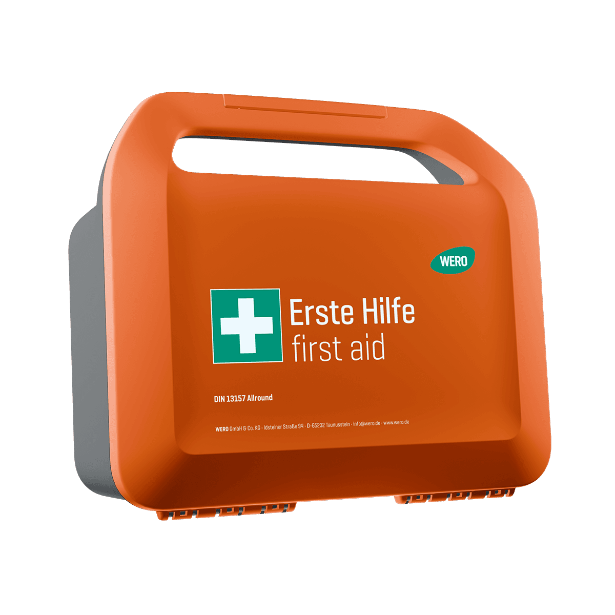 Orangefarbener WERO Smart Case® Erste-Hilfe-Koffer, DIN 13157 erweitert, mit zusätzlichem Verbandmaterial, Pflastern und Ergänzungen.