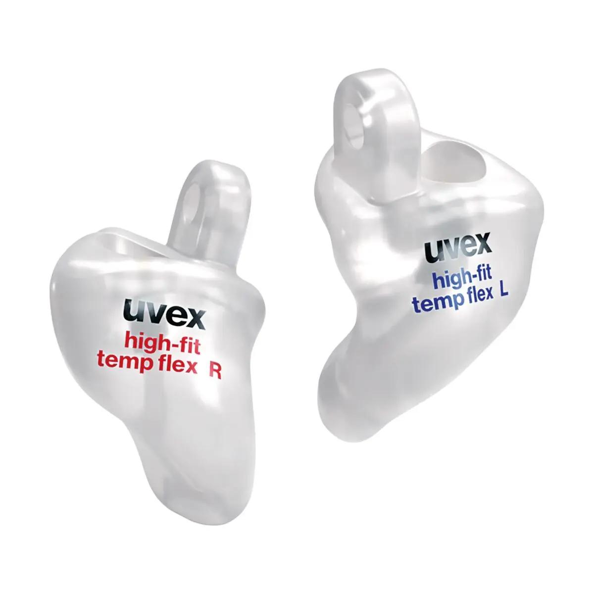 Zwei uvex high-fit temp flex Otoplastik - SNR 28 dB Ohrstöpsel mit Griffstück, individuell geformt und aus silikonfreiem Wärmesoftmaterial gefertigt.