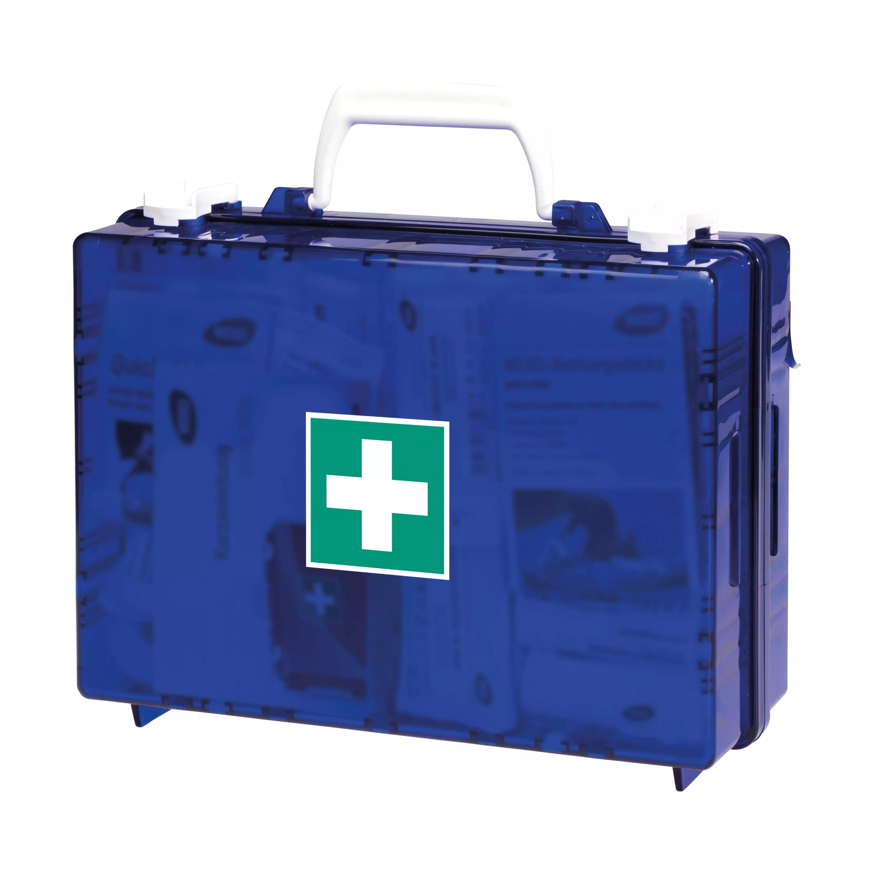 Werotop® Erste Hilfe Koffer 350 mit Wandhalterung in Blau, robustes Kunststoffgehäuse mit zwei weißen Griffen und sichtbarem Inhalt durch transparenten Deckel.