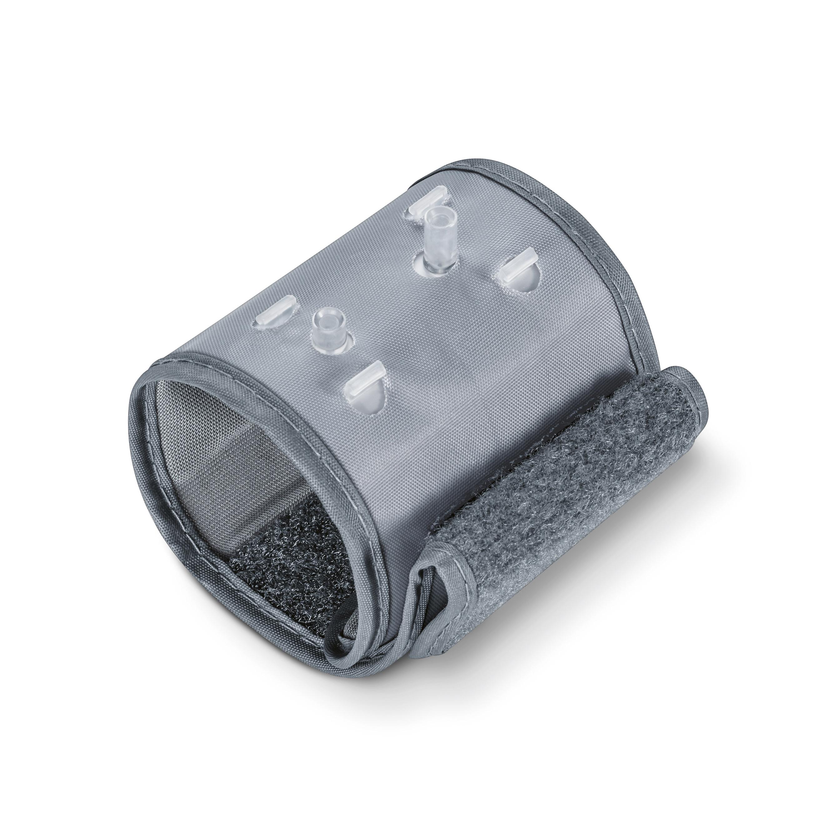 Ein geöffnetes Handgelenk-Blutdruckmessgerät Beurer BC 28 mit elastischer Manschette, Klettverschluss und mehreren transparenten Kunststoffelementen.