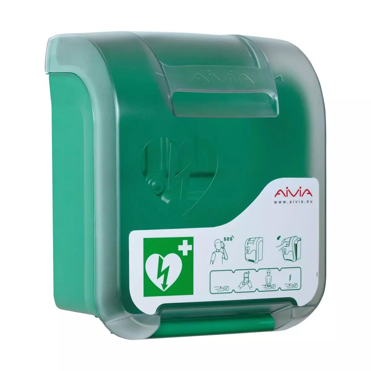 Ein AED-Wandschrank AIVIA IN 100 aus grünem ABS-Kunststoff mit transparenter Abdeckung, integriertem Handgriff und illustrativem Anwendungsetikett.