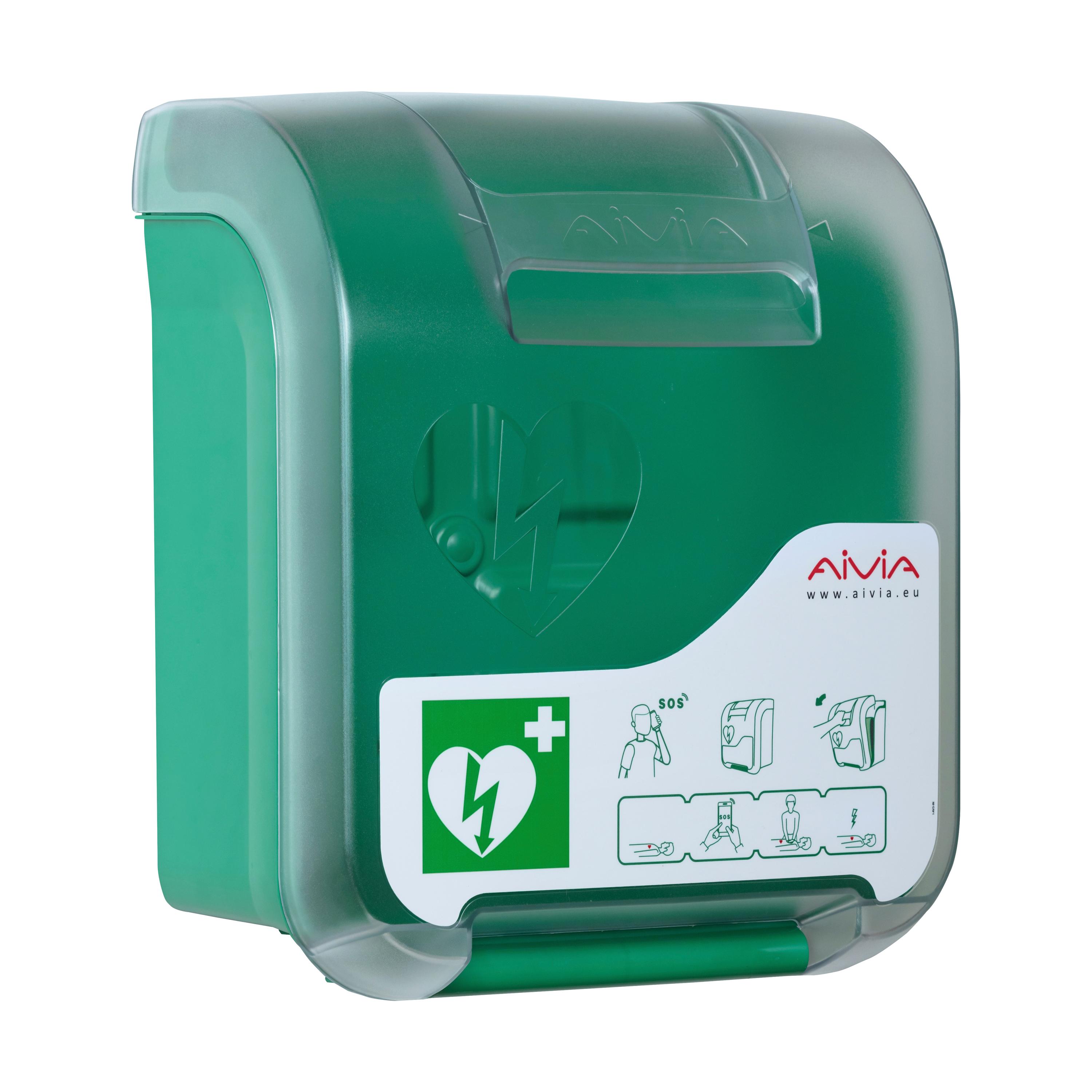 Ein AED-Wandschrank AIVIA IN 100 aus grünem ABS-Kunststoff mit transparenter Abdeckung, integriertem Handgriff und illustrativem Anwendungsetikett.
