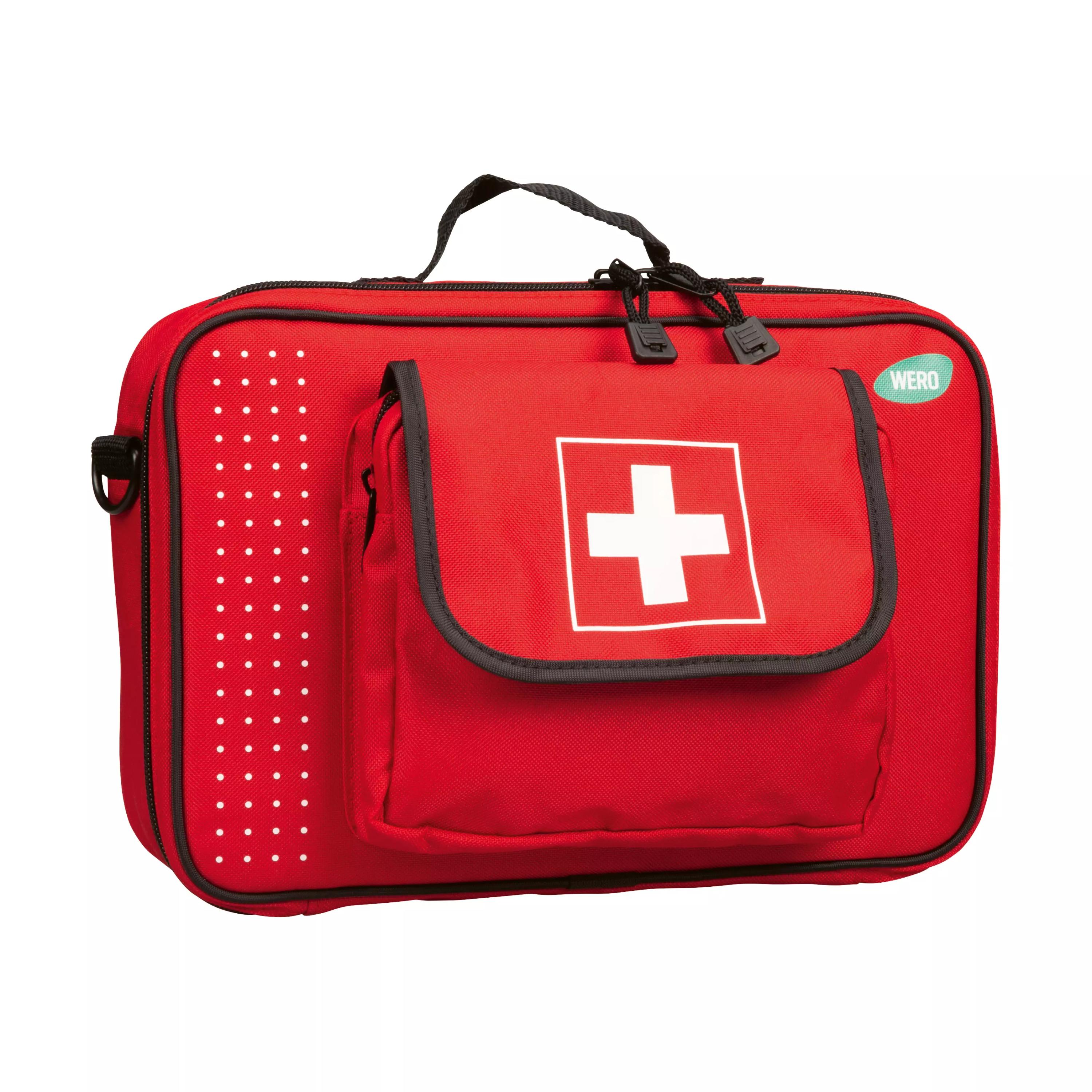 Große WERO Erste Hilfe Tasche mit weißem Kreuz, schwarzem Tragegriff, seitlichem Reißverschluss und "WERO" Logo auf der Vorderseite.