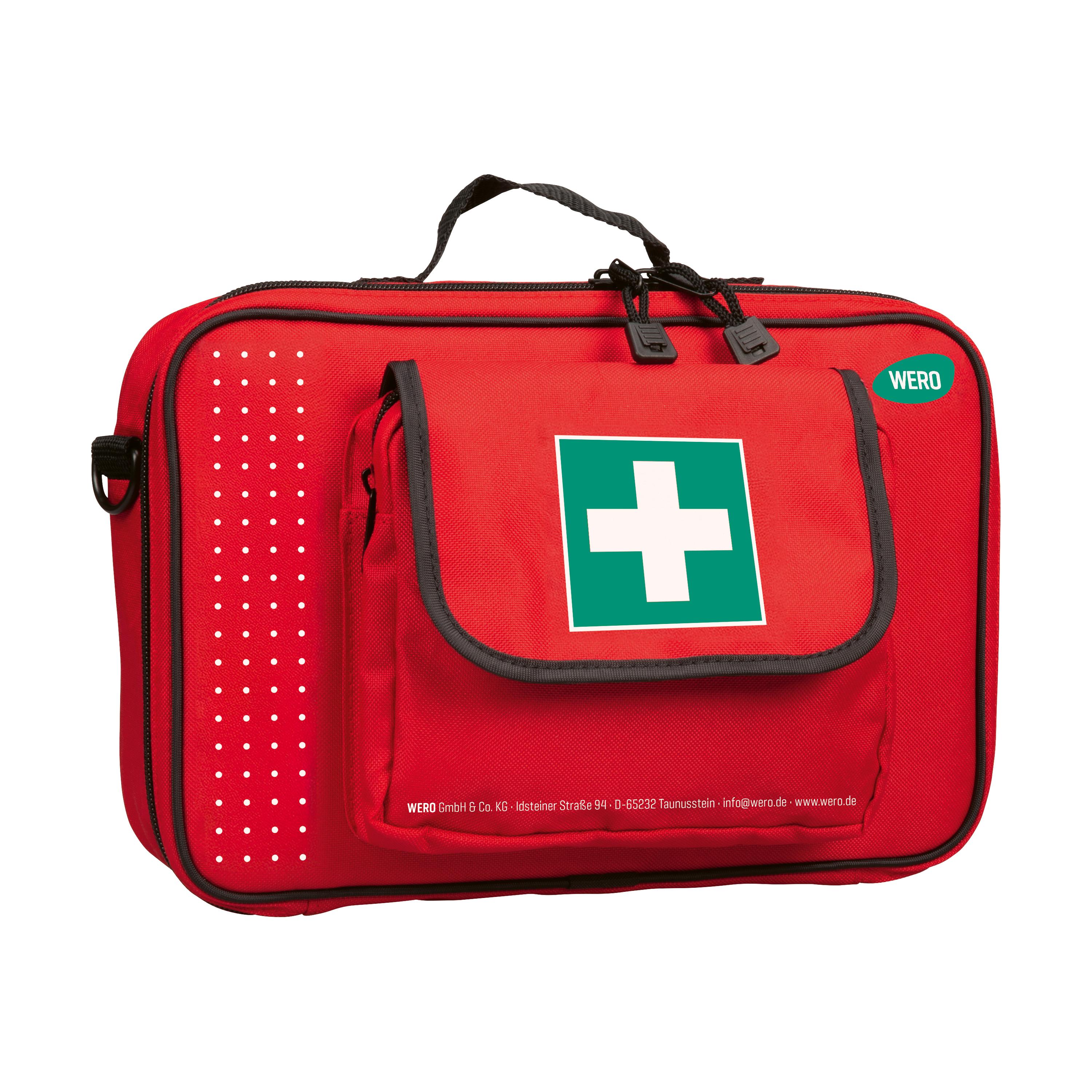 Große WERO Erste Hilfe Tasche mit weißem Kreuz, schwarzem Tragegriff, seitlichem Reißverschluss und "WERO" Logo auf der Vorderseite.
