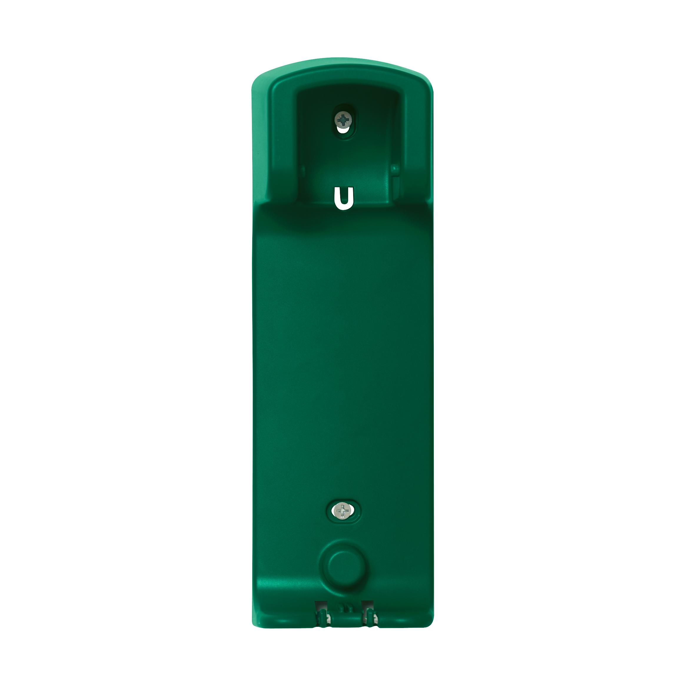 Wandhalterung für Augenspülflasche Cederroth 500 ml mit rundem Loch und silbernen Befestigungsschrauben, stehend mit gewölbtem oberen Abschluss.