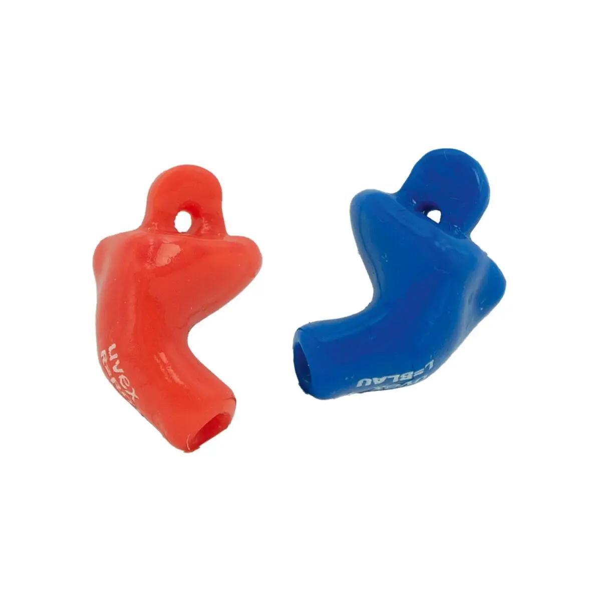 Zwei uvex high-fit duro Otoplastiken in Rot und Blau aus stabilem Duroplastmaterial mit Kapillarbohrung und maßgefertigter Passform.