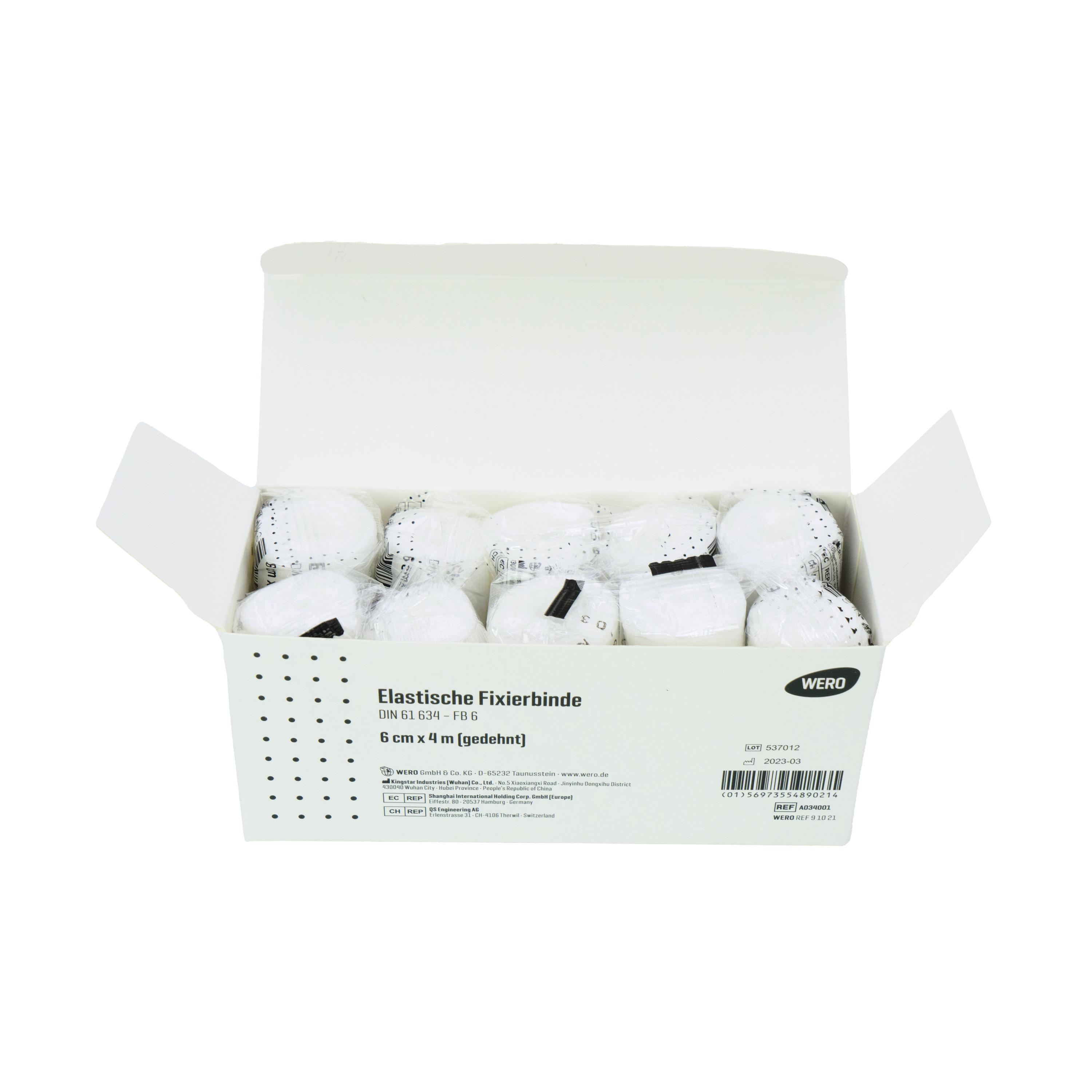Eine geöffnete Box Mullbinde Elastische Fixierbinde DIN 61634 - 6 cm, 10 Stk, gefüllt mit einzeln verpackten elastischen, atmungsaktiven Mullbinden.