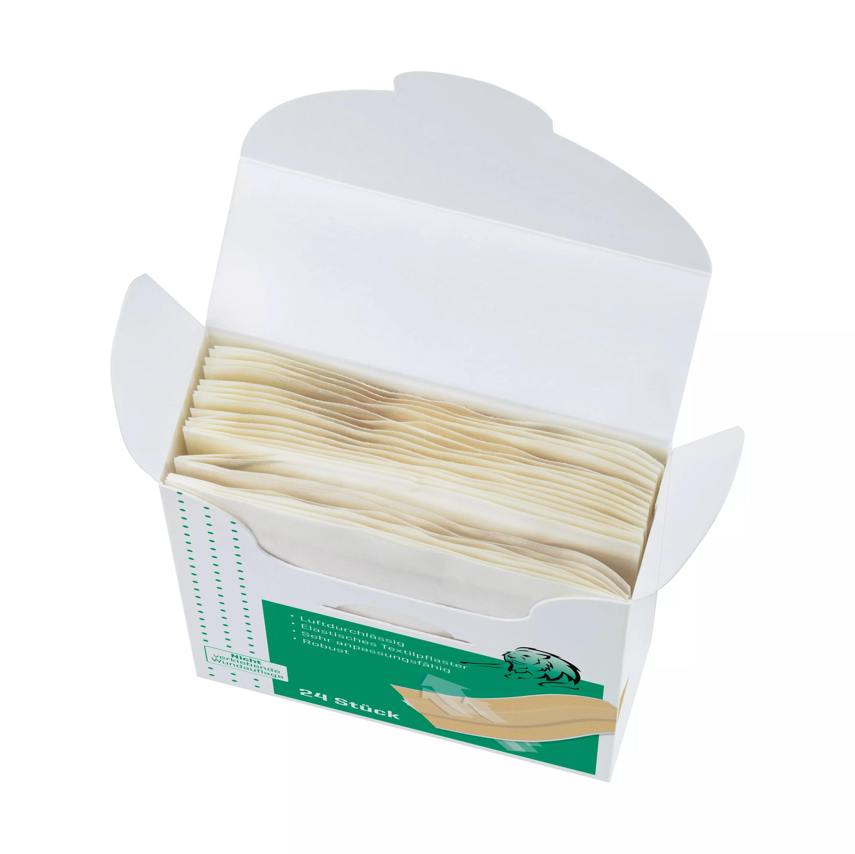 Eine weiße Verpackung des Pflasterset Weroplast® MasterTex - Wundschnellverbände DIN 13169 / 14142 mit grünem Etikett, das auf hohe Qualität, anpassungsfähiges Gewebe und angenehmes Tragegefühl hinweist.