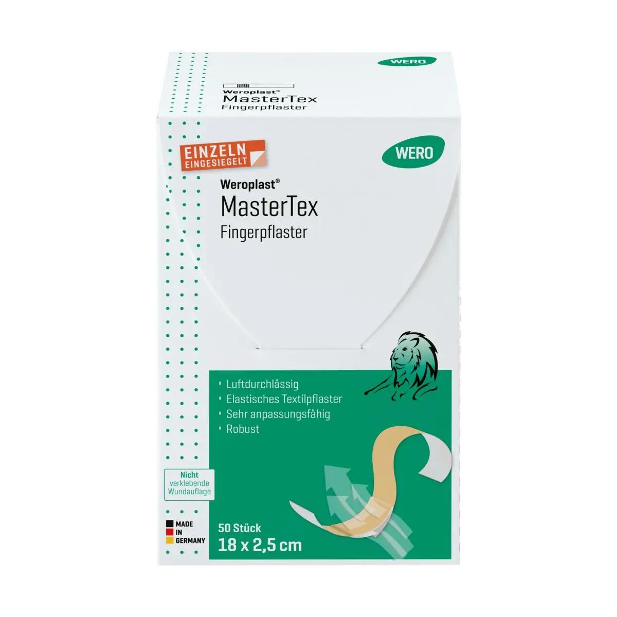 Weiße Box mit grünem Weroplast MasterTex Fingerpflaster-Etikett, Löwen-Illustration, 50 Stück, Maße 18 x 2,5 cm, einzeln eingesiegelt