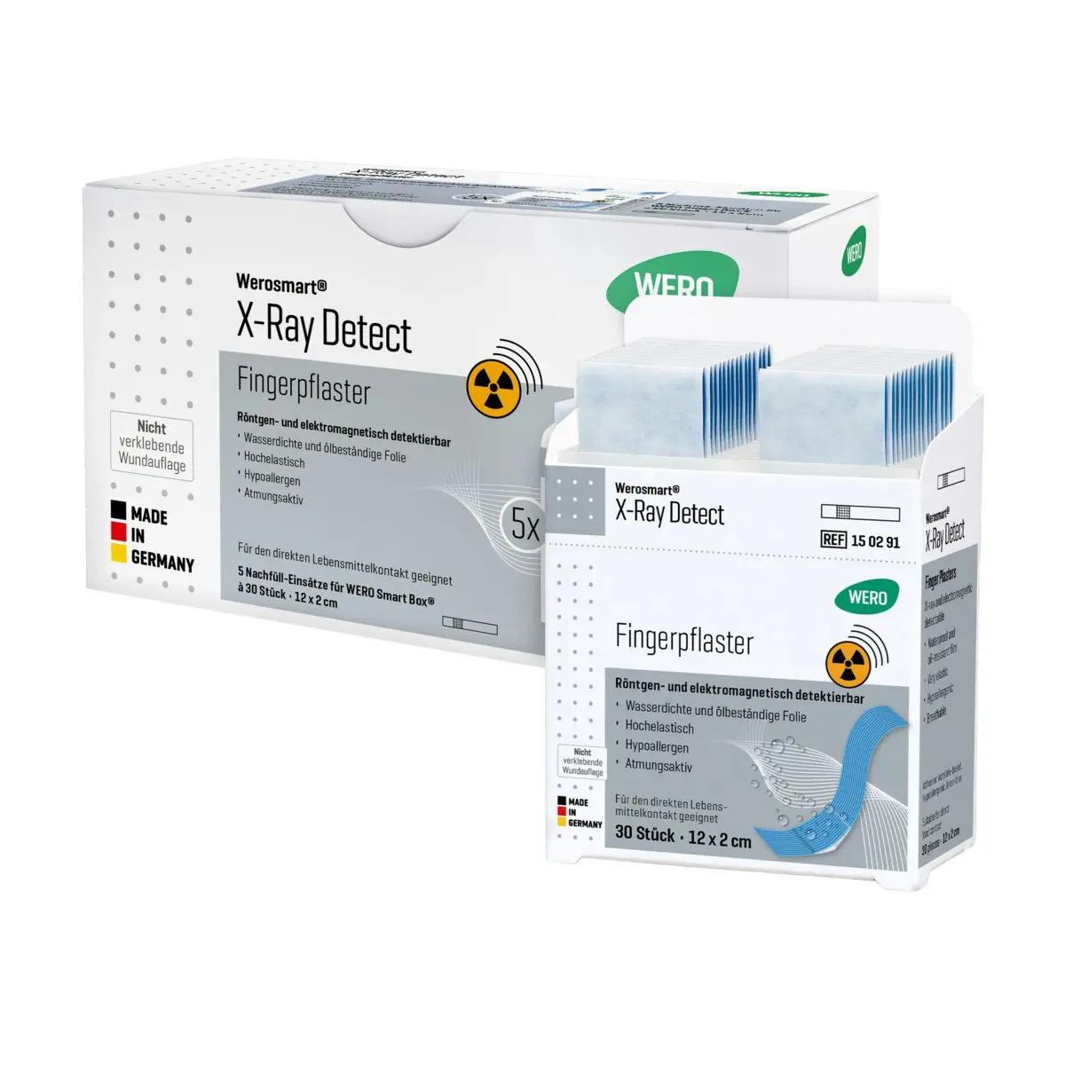 Zwei Verpackungen Werosmart® X-Ray Detect Pflasterspender-Einsätze Fingerpflaster mit Erkennung durch Metall- und Röntgendetektoren stehen nebeneinander.