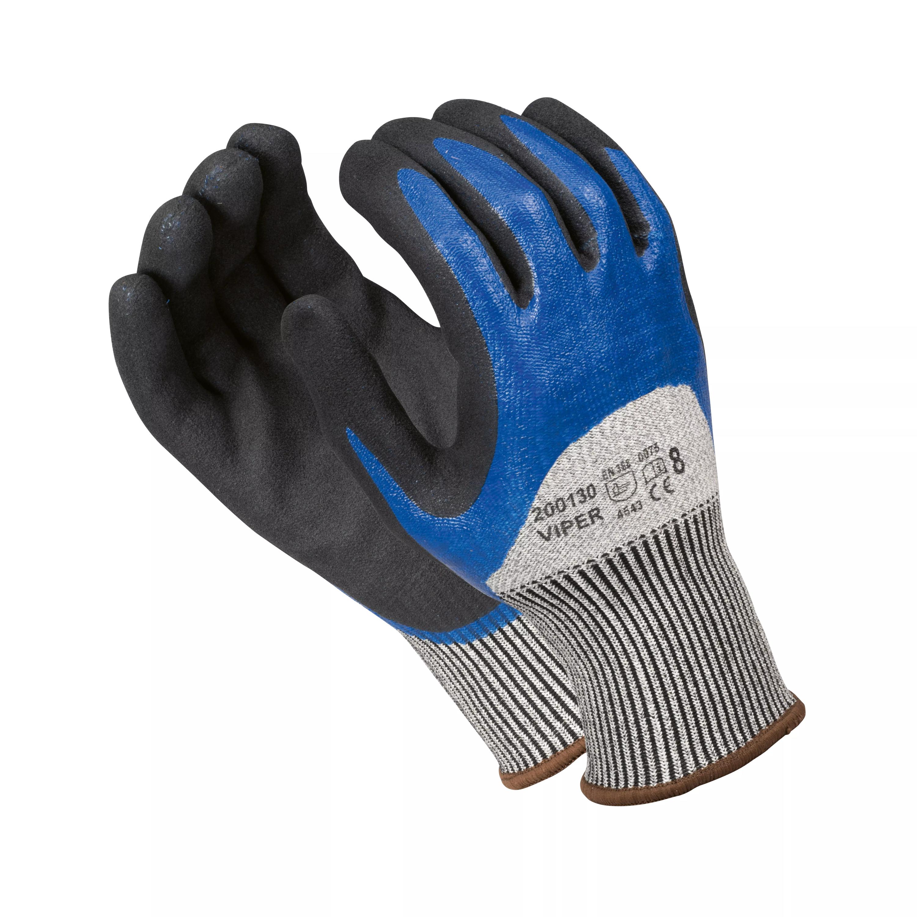 Ein Paar Schnittschutzhandschuh Viper - CUT D - Blau, 11 mit blauer ¾-Nitrilbeschichtung und schwarzer Innenfläche, ca. 26 cm lang, liegt nebeneinander.