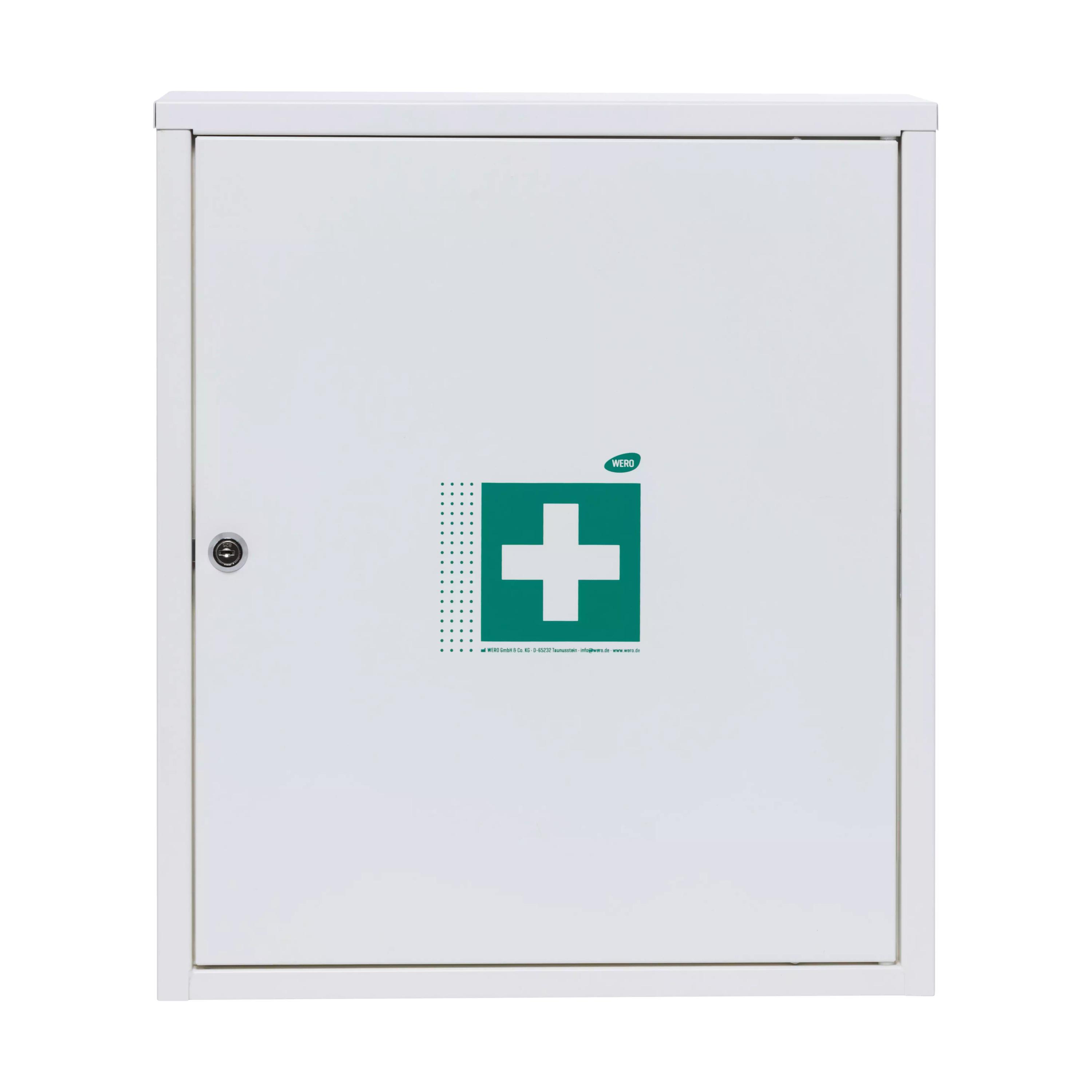 WERO Verbandschrank MaxiTrio 400 mit glatter Front, grünem Kreuz und silbernem Rundknopf, rechteckig, leer und ohne Inhalt.