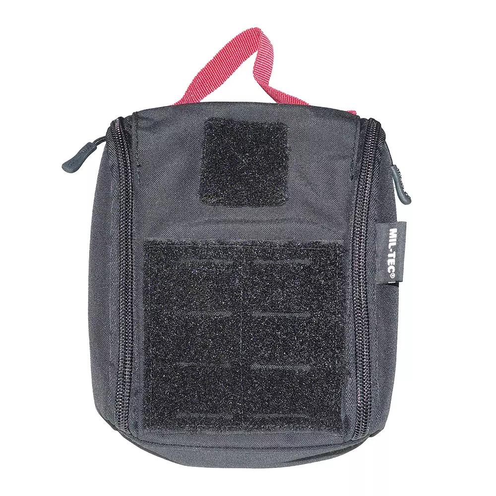 Schwarze Mil-Tec® IFAK Tasche Laser Cut mit roter Trageschlaufe, Front-Klettfläche und Reißverschluss für schnellen Zugriff und individuelle Bestückung.