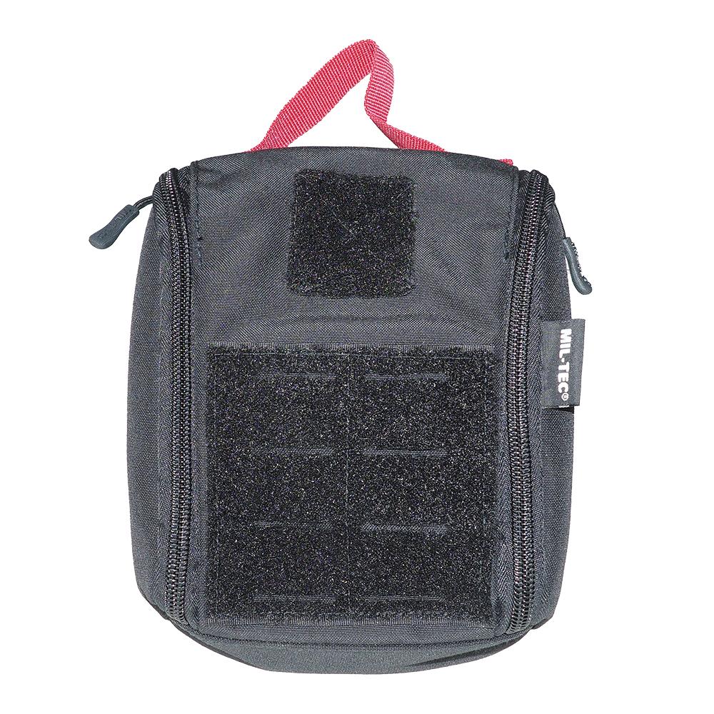 Schwarze Mil-Tec® IFAK Tasche Laser Cut mit roter Trageschlaufe, Front-Klettfläche und Reißverschluss für schnellen Zugriff und individuelle Bestückung.
