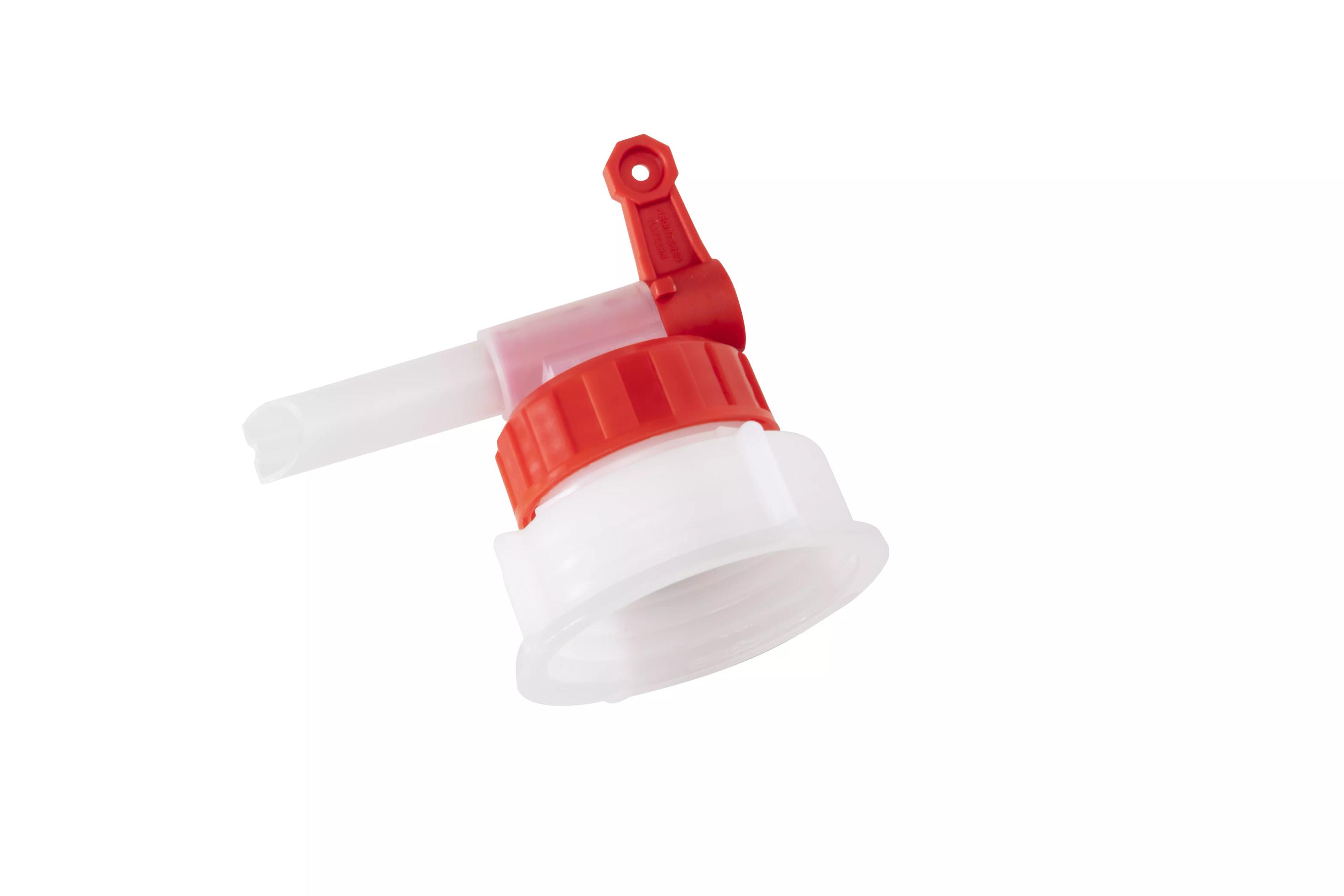 Auslaufhahn für 5 Ltr/10 Ltr Kanister Waschlotion Aktivin® FrischeKick mit rotem Griff, transparenter Auslaufspitze und geriffeltem Mittelteil aus Kunststoff.